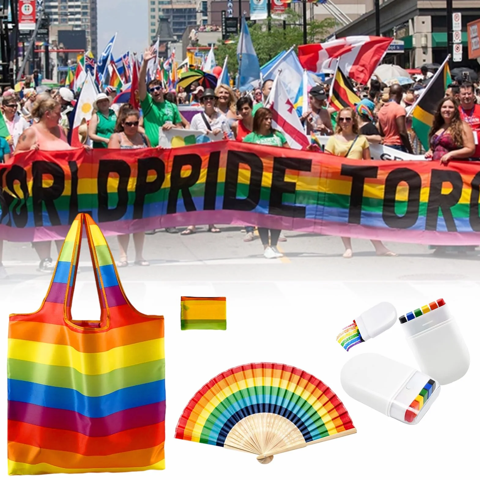 Ensemble d'accessoires de défilé du mois de la fierté LGBTQ avec peinture faciale, éventail pliable et sac réutilisable