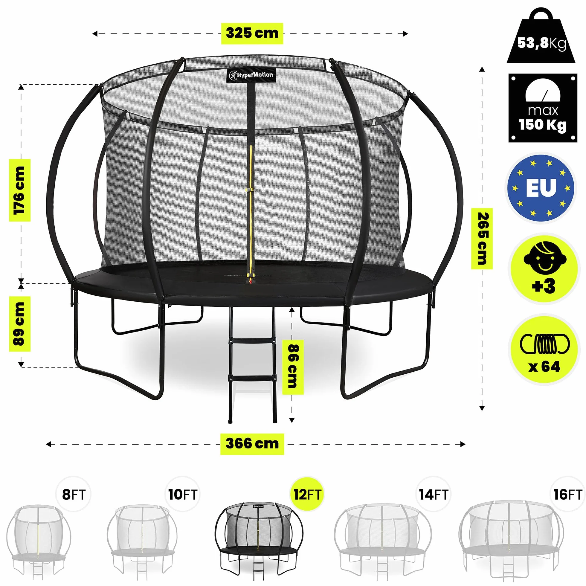 Trampoline Exterieur Enfant 3 Ans 244/305/366/430/487 cm avec Filet de Sécurité