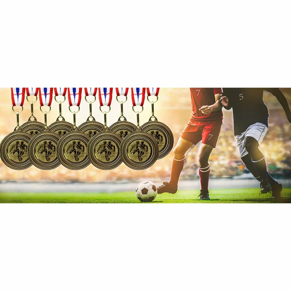 Médailles de Football dorées en métal Lot de 10 avec Ruban Bleu-Blanc-Rouge pour Enfants Clubs Tournois