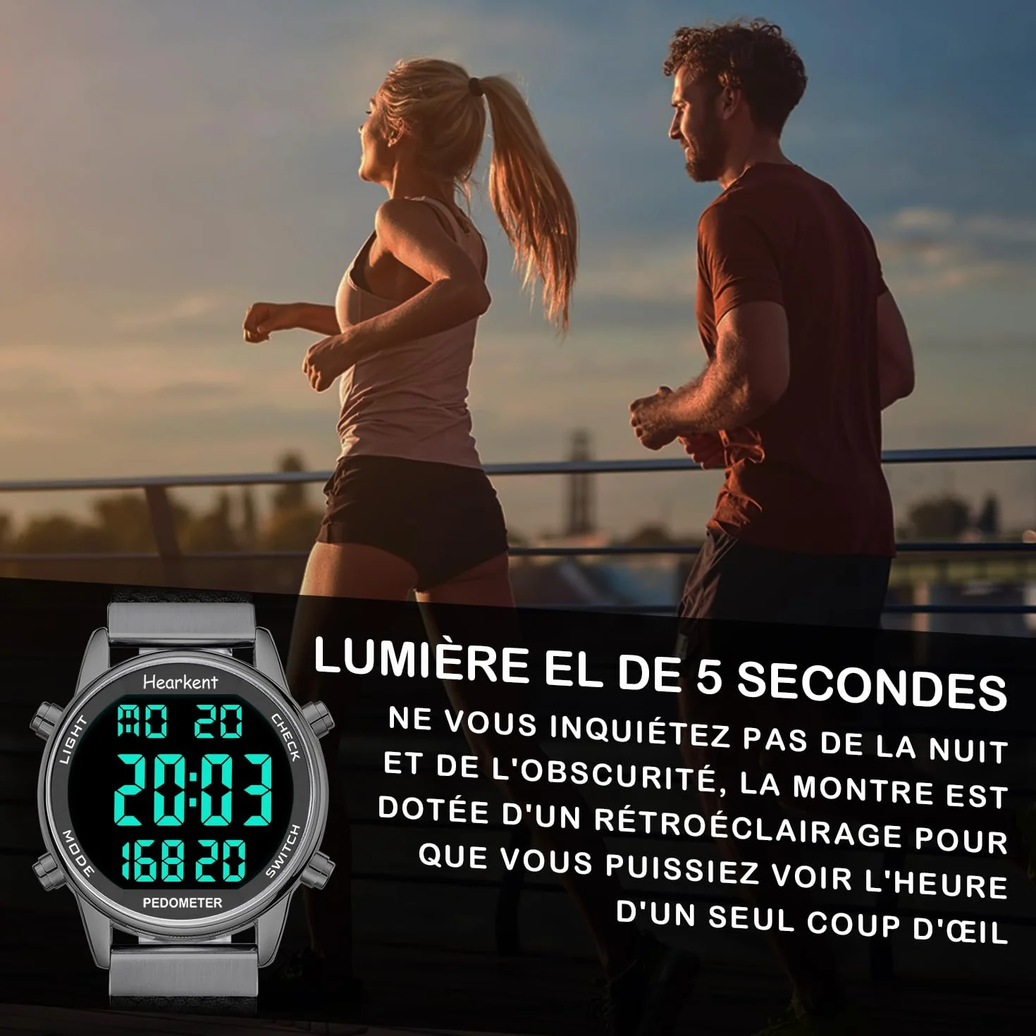 Montre podomètre Femme, Bracelet Nylon, comptage Pas Calories Distance Horloge rétroéclairage