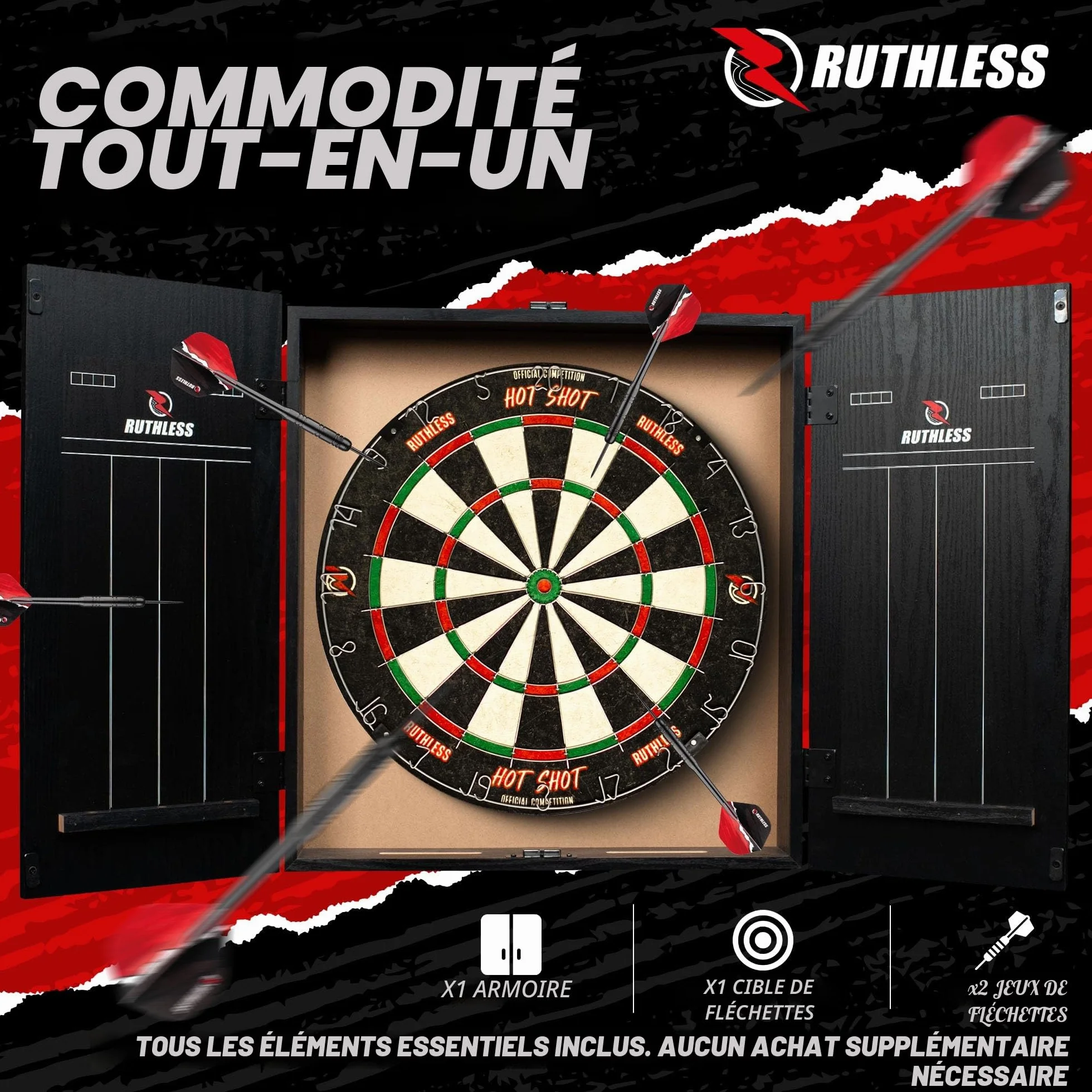 Cible de fléchettes avec armoire Ruthless Home Darts Centre CAB518 2 jeux de fléchettes