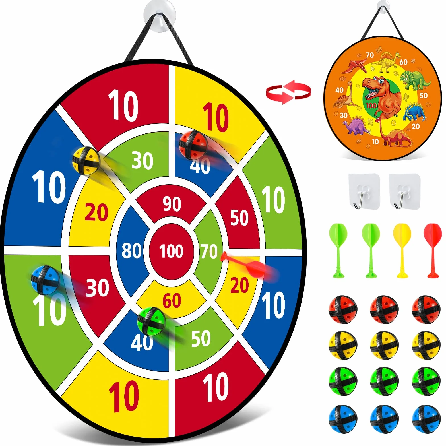 Jeu de Fléchettes Double Face Dinosaures Pliable 66 cm avec 12 Balles Collantes 6 Fléchettes 2 Crochets