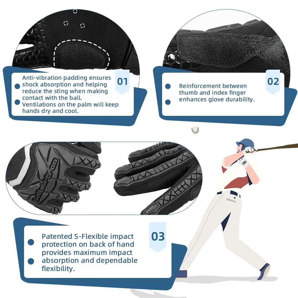 Seibertron S.P.B.G 2.0 Gants de Baseball/Softball Batting Super Grip Protecteur Finger Fit Adulte Junior