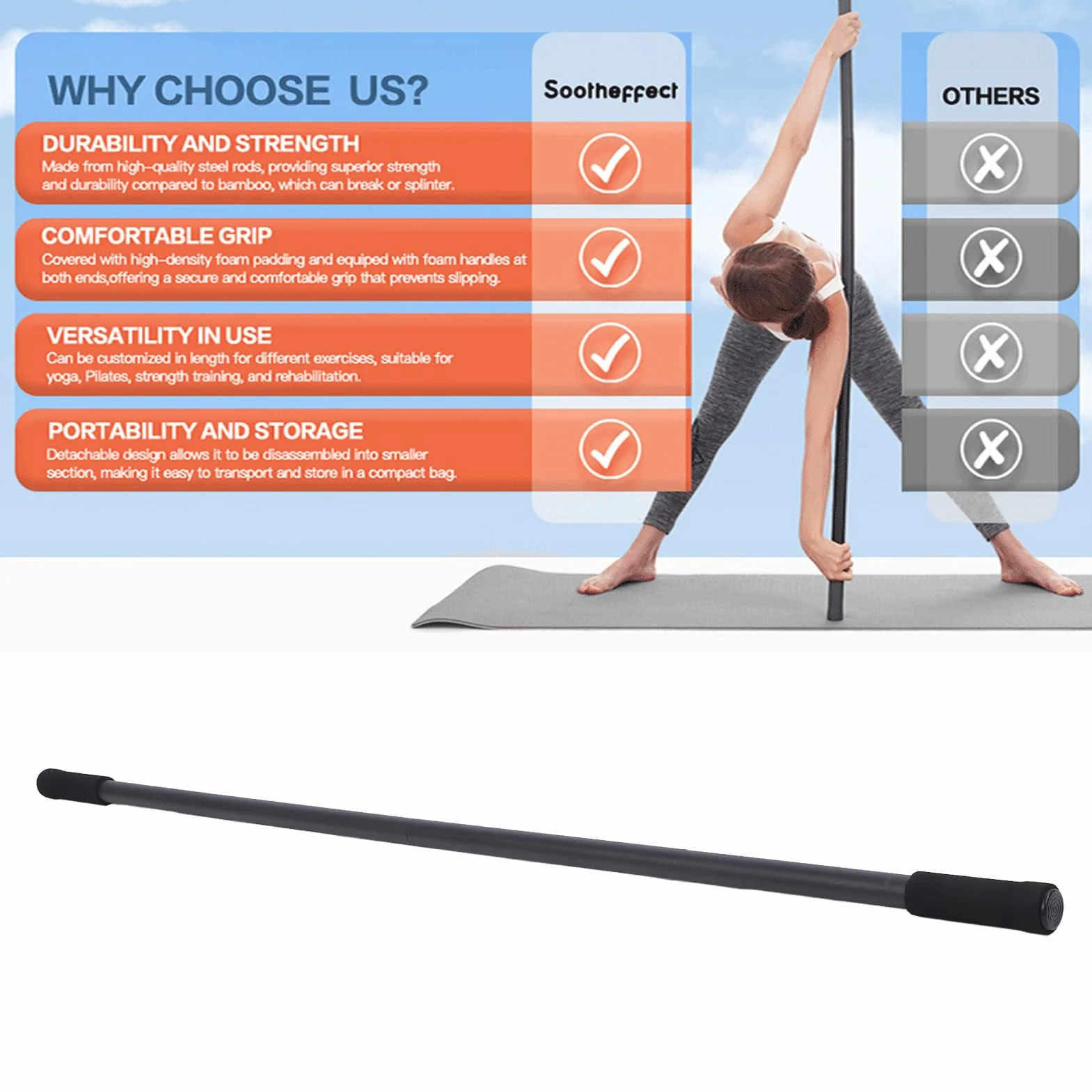 Jeu de Bâton d'étirement 4pces en Acier Yoga Stick Portable