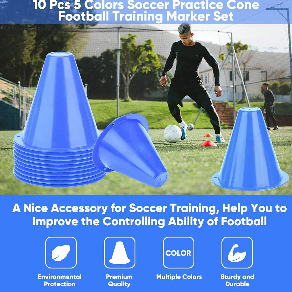 Keenso Ensemble de Cônes de Marqueurs de Football, 10pcs Plots de Marquage pour Entraînement en Plastique (Bleu)