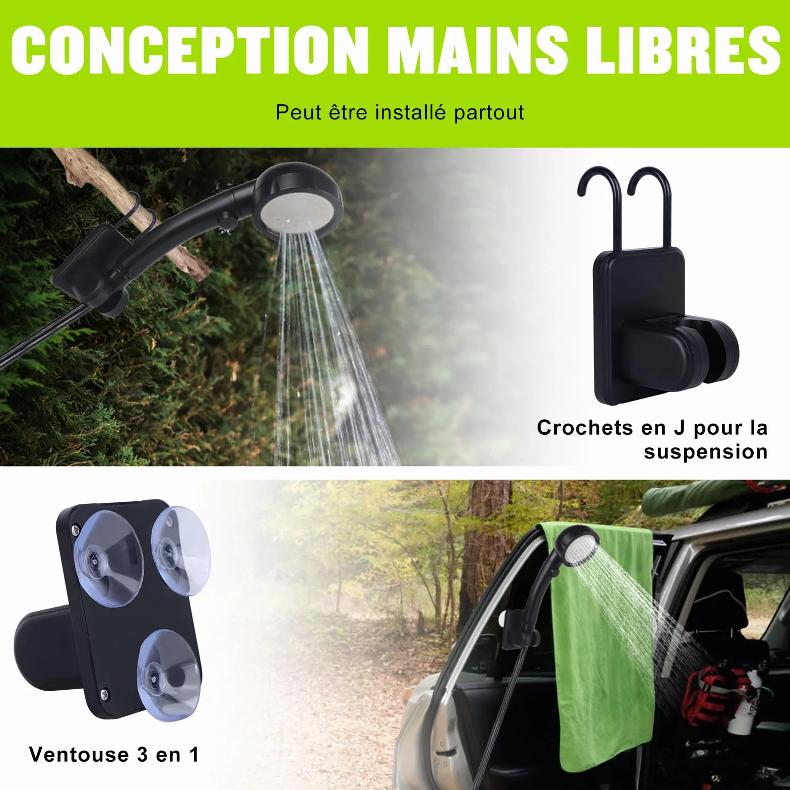 Pompe de Douche Électrique Rechargeable Imperméable Kit Douche de Camping Portable avec Afficheur Intelligent Pomme de Douche 4 Modes
