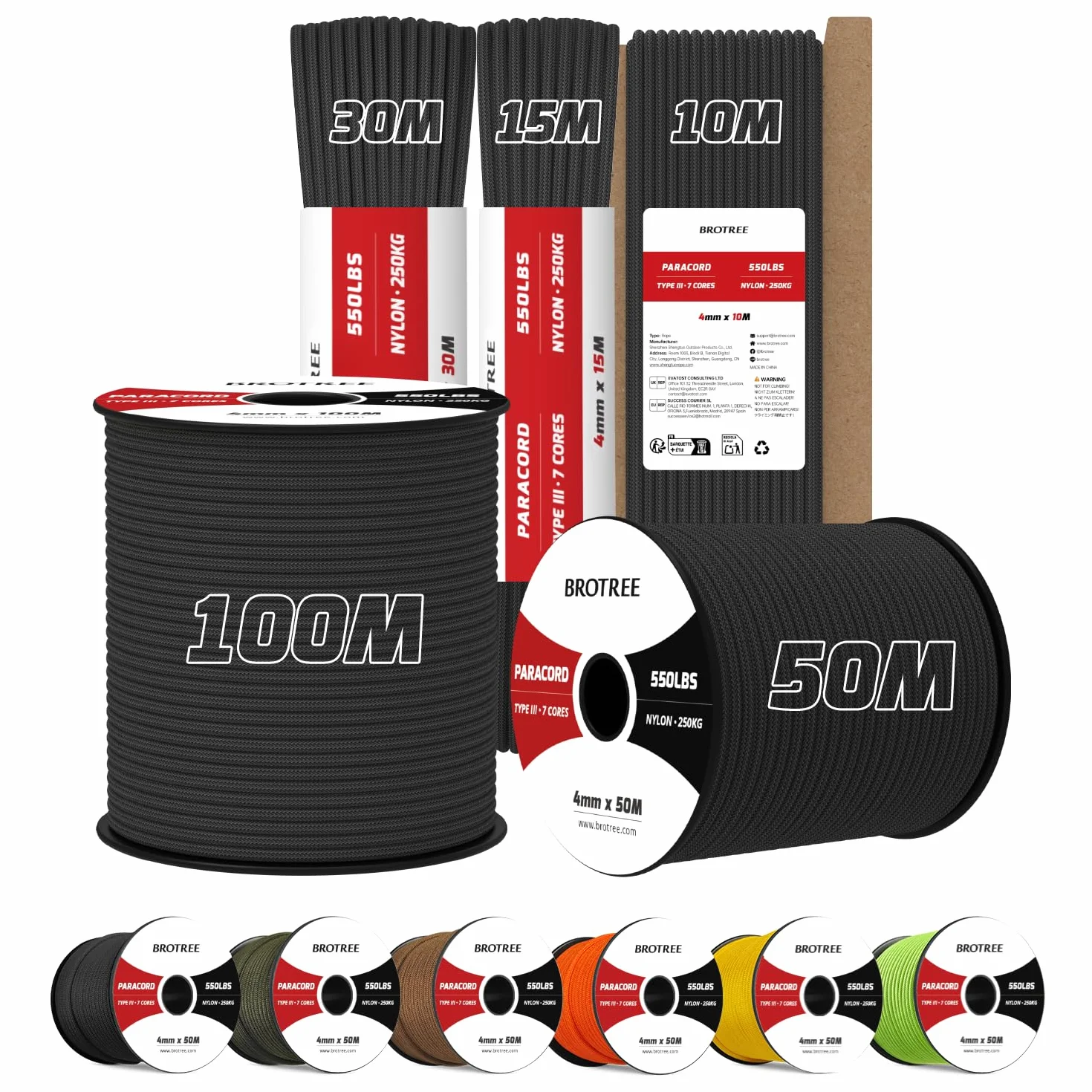 Brotree Paracorde 550 7 Brins Corde en Nylon 10M Type III 250kg Charge de Rupture Noir