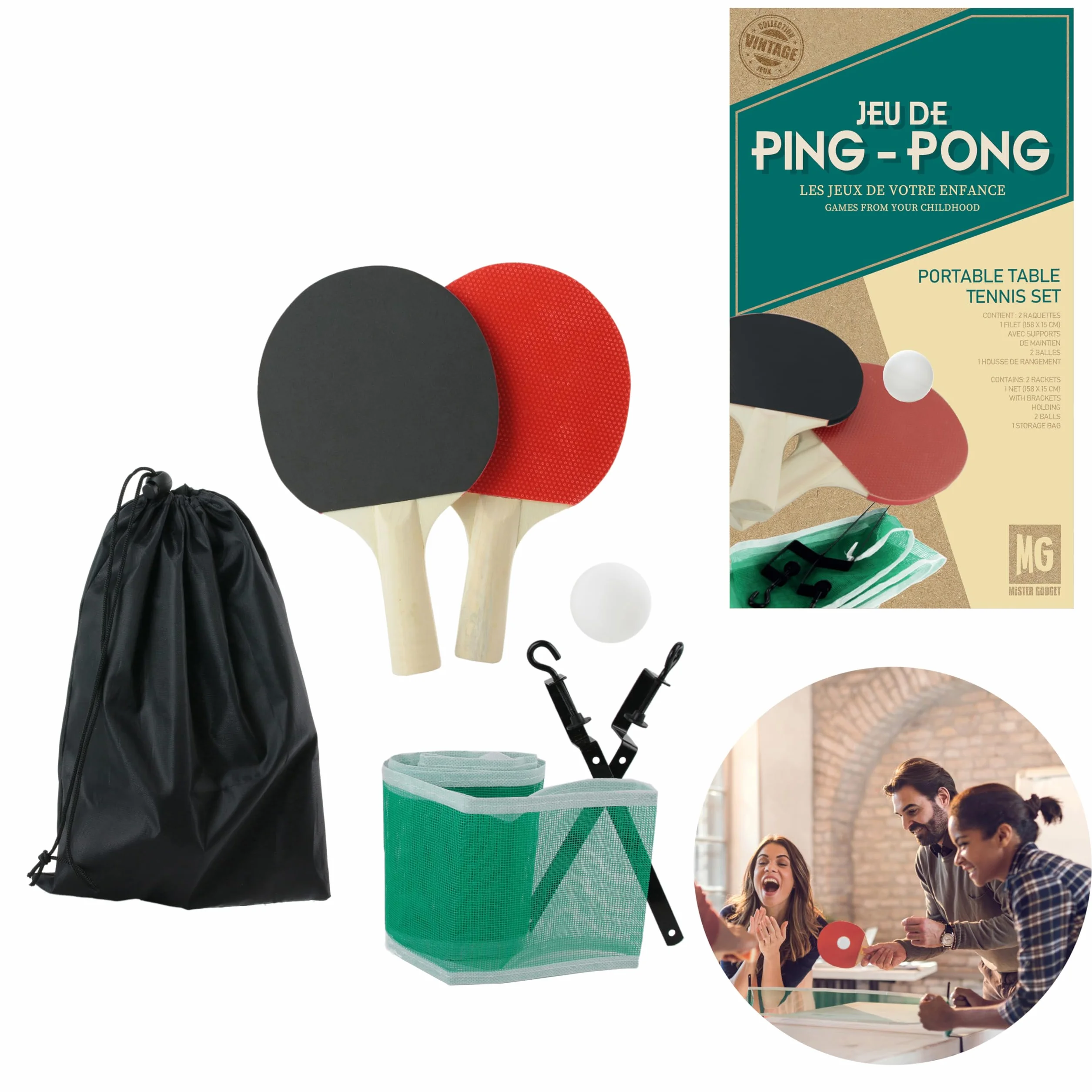 MISTER GADGET MG3072 Jeu de Ping Pong Mobile Compact Filet 2 Raquettes 2 Balles Housse de Rangement