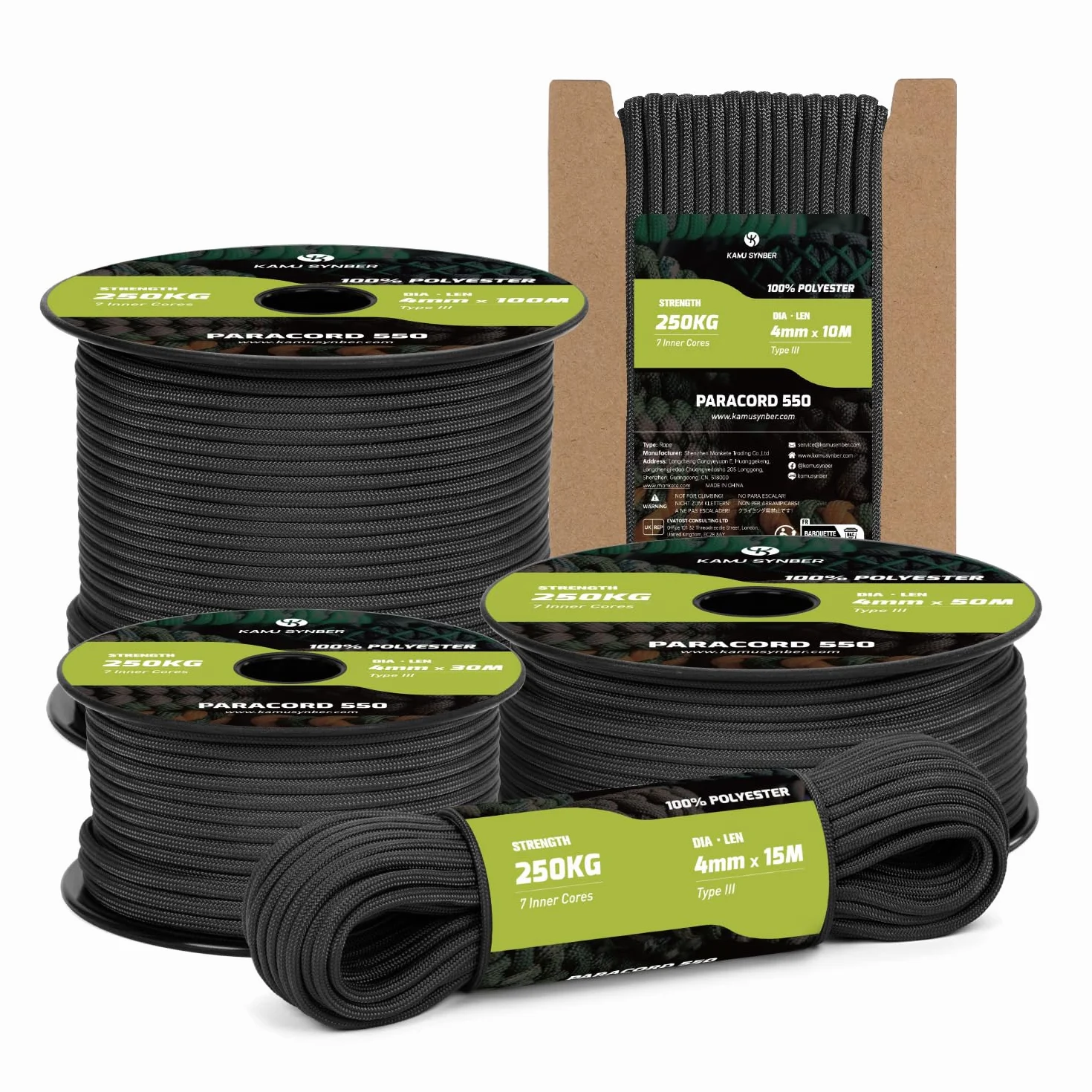 Paracorde 550 Type III 4mm 10m 7 Brins Polyester Corde Bracelet Bricolage Camping Survie 250kg Noir