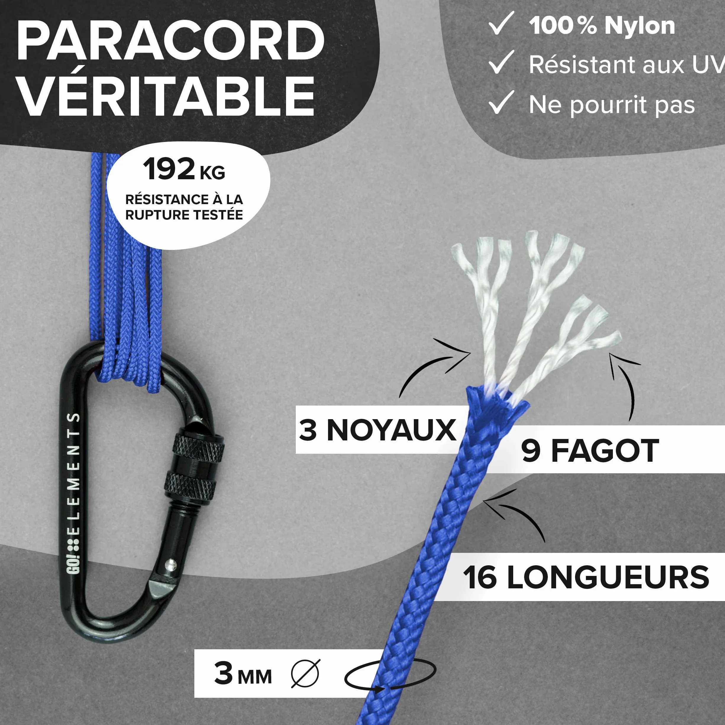 GO!elements Paracorde Nylon indéchirable 3mm Type II 425, Ligne Survie extérieure, Charge Max 192kg