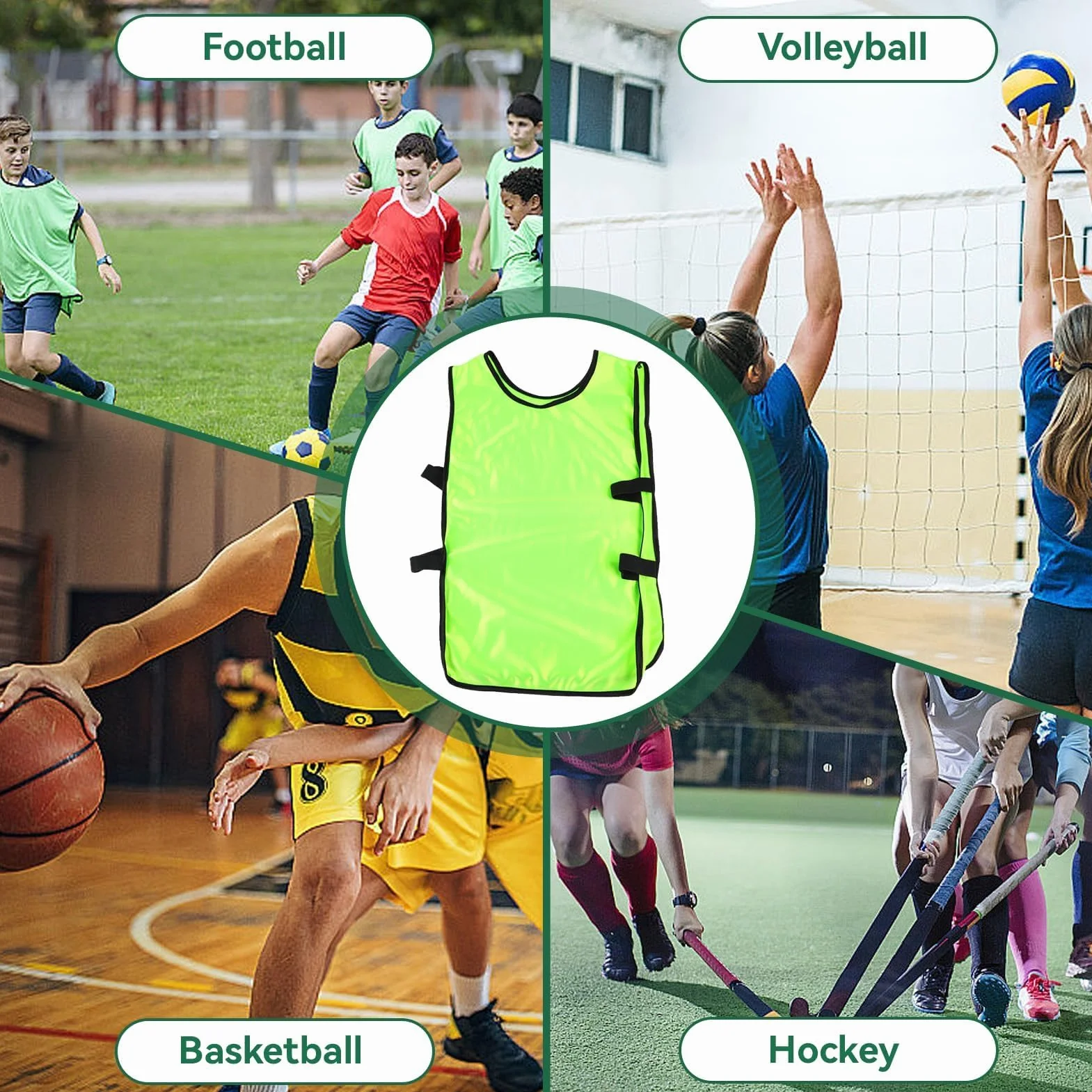 Agatige 5Pcs Débardeur d'Entraînement Enfants Gilets Ballon Dossards sans Manches Col Rond Couleurs Vives Football Rugby Vert