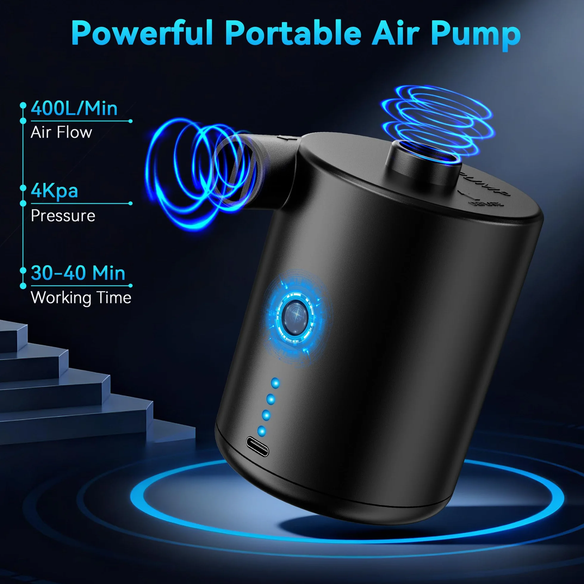 Pompe à air électrique rechargeable portable pour matelas gonflable avec 3 buses d'air, gonfleur rapide pour matelas et piscine