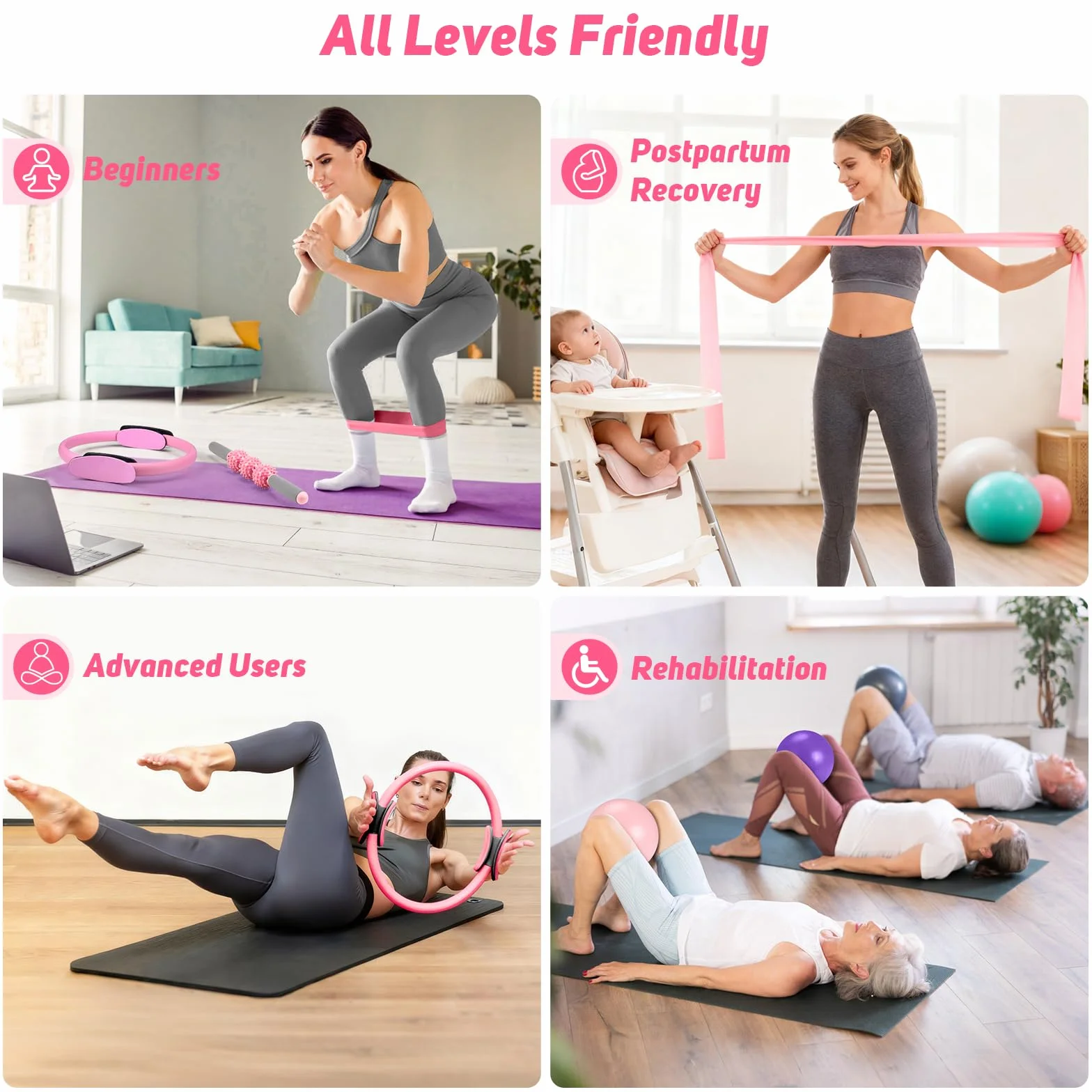 Asten Kit de Pilates à Domicile : Équipement avec Anneau, Balle, Bandes de Résistance, Curseur et Rouleau en Mousse