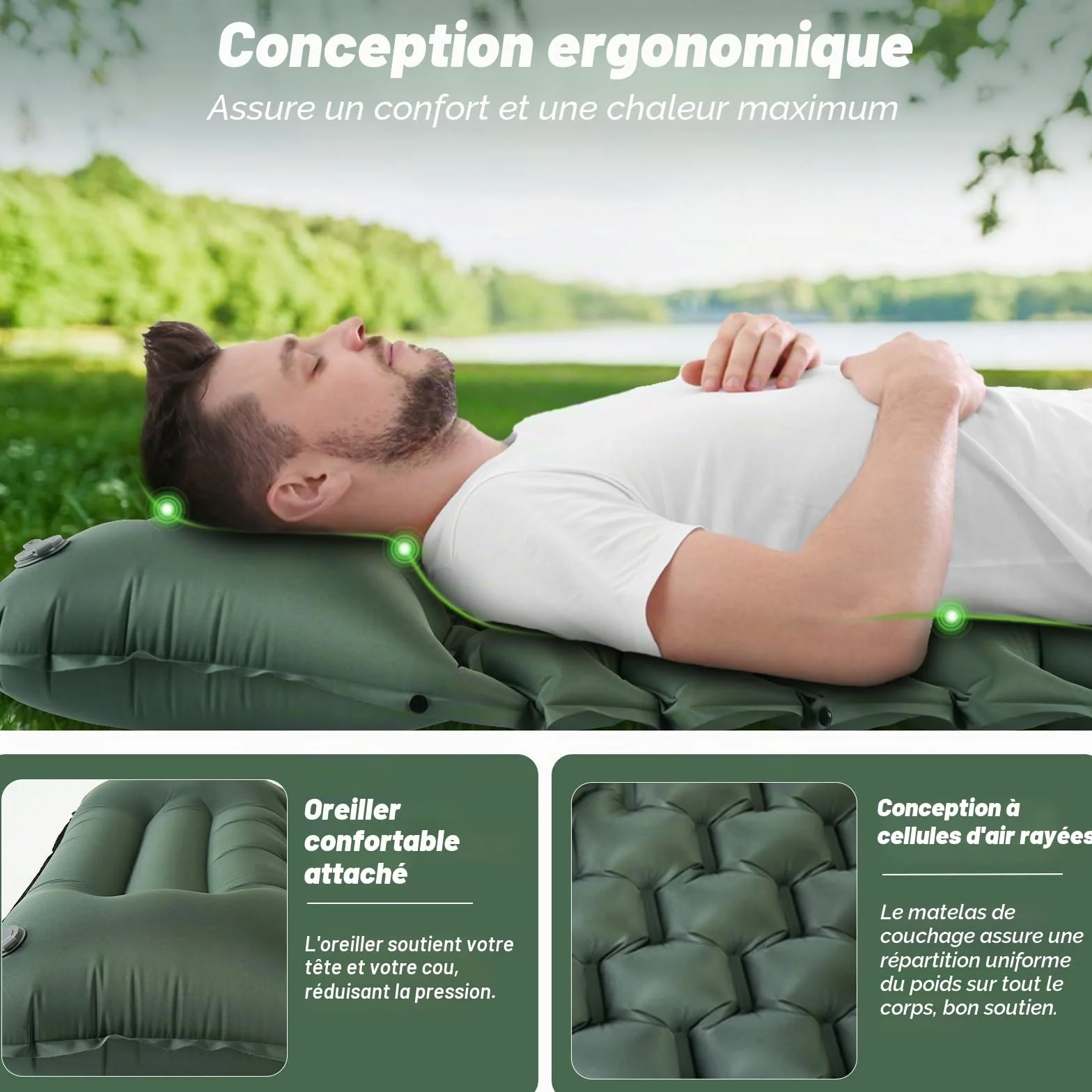 JATEKA Matelas Gonflable 1 Place Ultra Léger avec Pompe à Pied et Oreiller, Résistant à l'eau Portable Vert Militaire