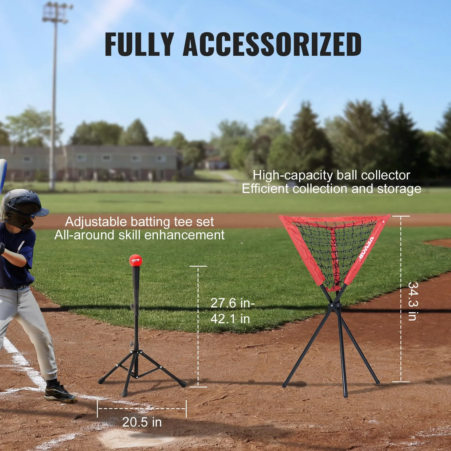 VEVOR Filet d'Entraînement de Baseball Softball 244x211 cm, Cadre d'arc, Sac de Transport, Zone de Frappe, Balle, Tee, Collecteur