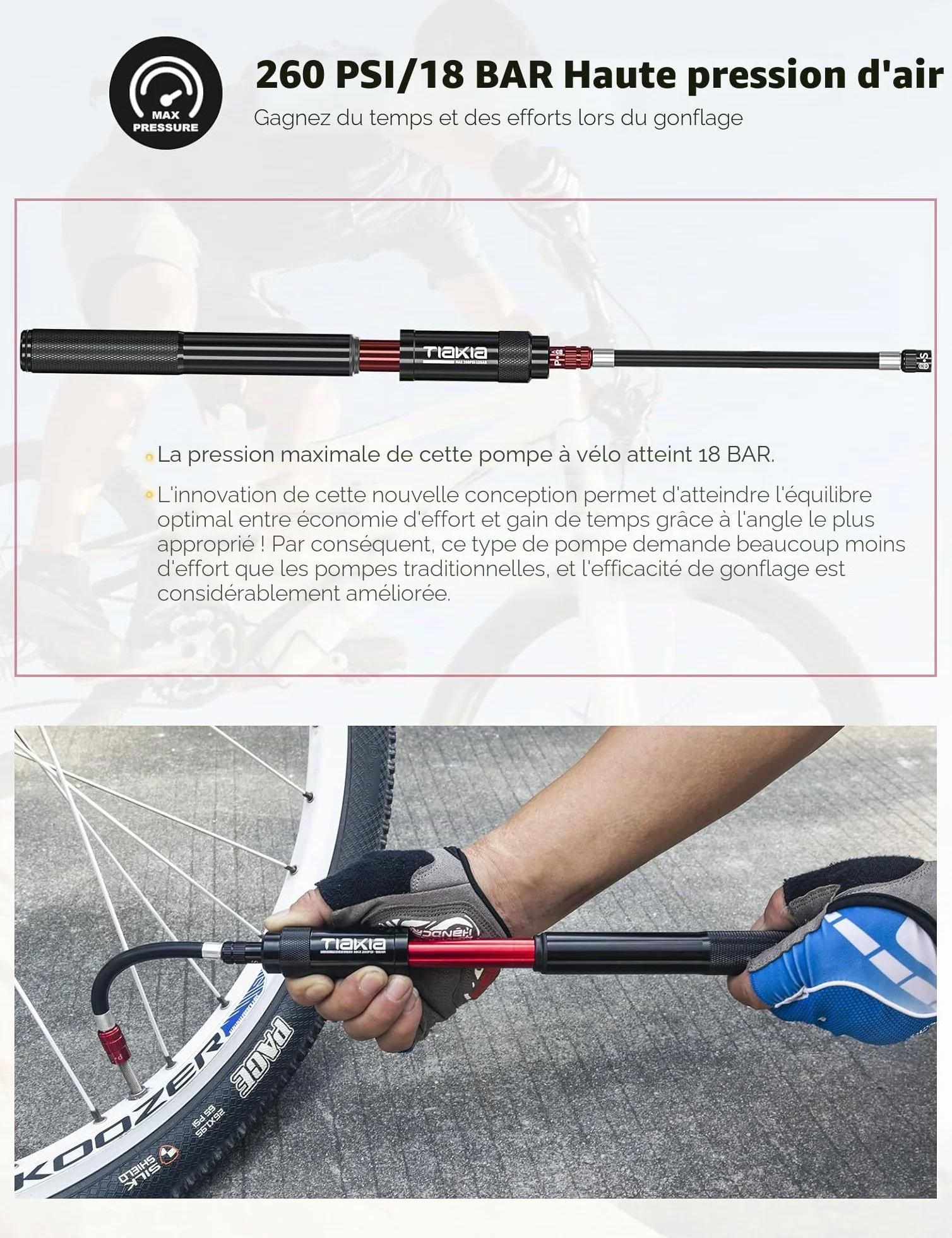 Tiakia Pompe à Vélo Haute Pression 260PSI Compacte Légère avec Support Valve Presta Schrader Dunlop