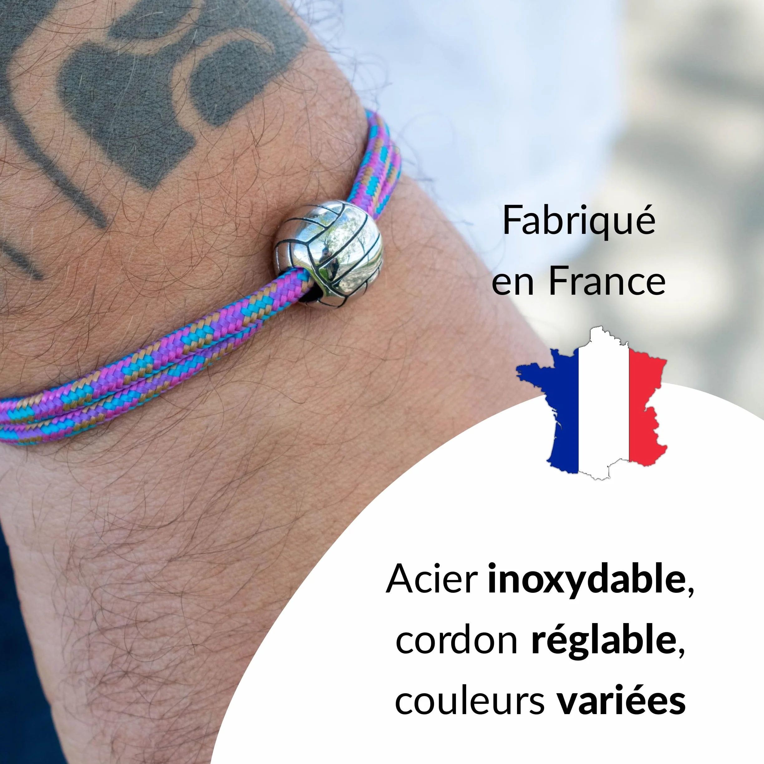 Bracelet Volleyball réglable acier inoxydable cadeau homme femme adolescent