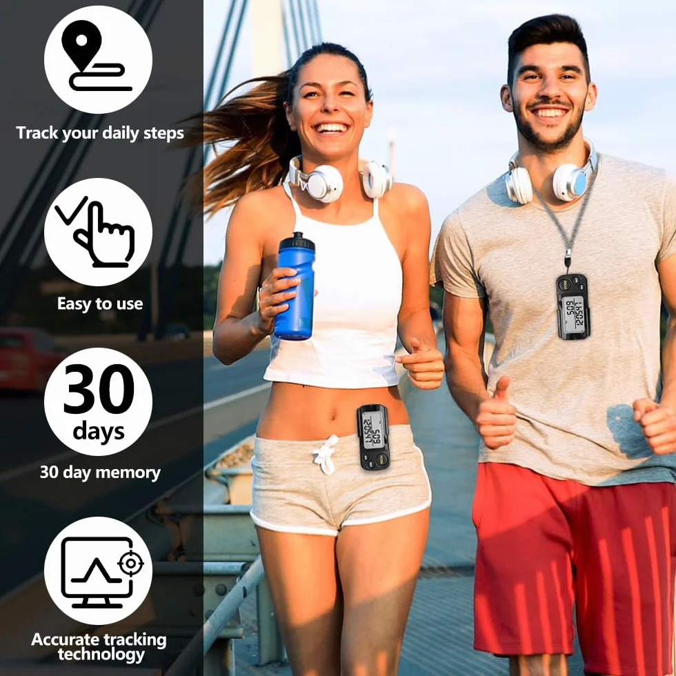 Podomètre Numérique 3D Portable avec Clip et Lanière, Compteur de Pas Distance Calories Horloge, Noir