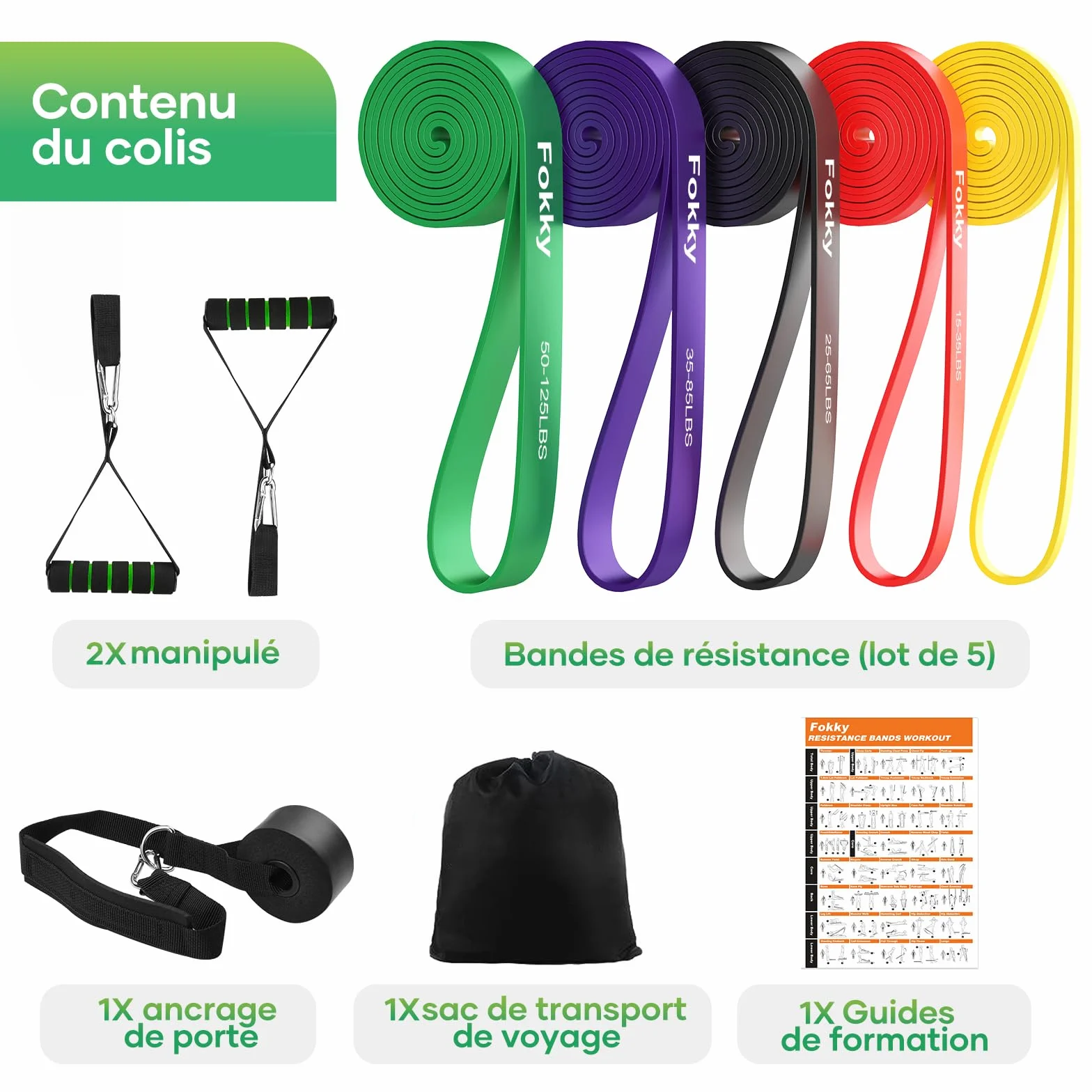 Fokky Bande Élastique Musculation 5 Niveaux avec Poignées, Ancrage de Porte, Sac