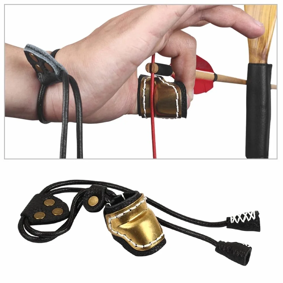 DONGKER Archery Thumb Ring PU Leather Finger Tab Guard with Rope for Traditional Bow