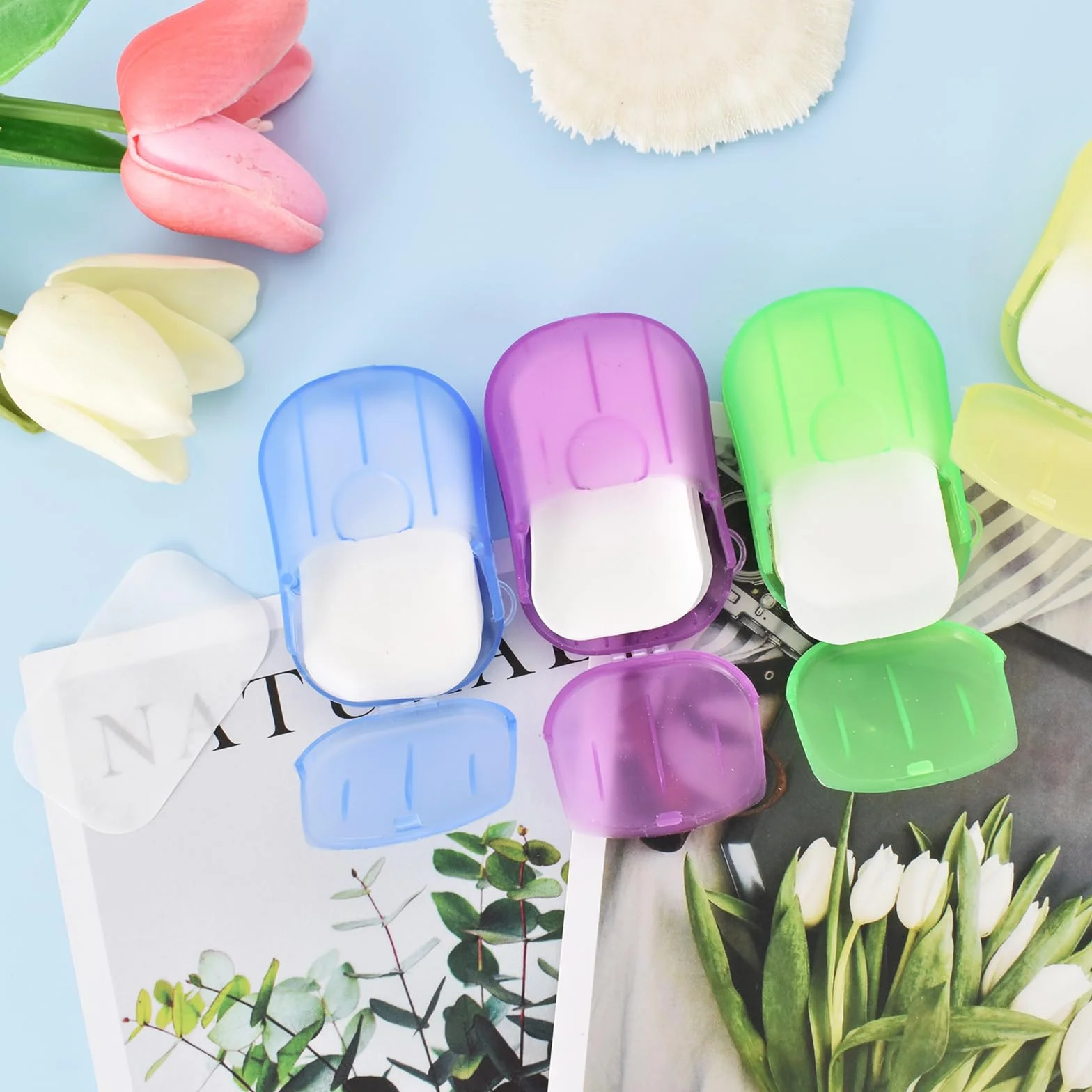Feuille de Savon 4 Boîtes Portable Savon de Papier avec Boîte en Plastique pour Voyage Camping