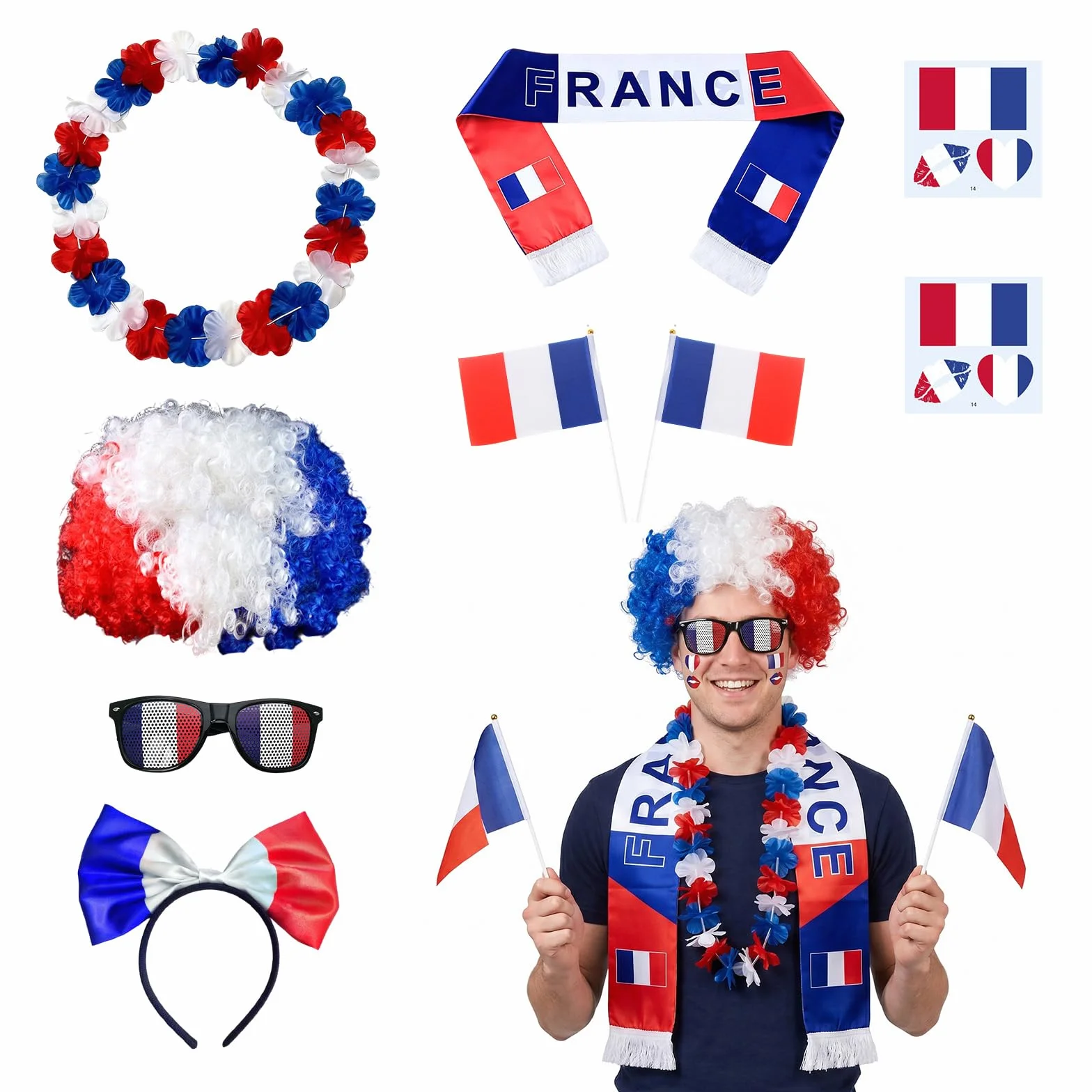 Kit Supporter France Coupe du Monde 2026 Football Accessoire Bandeau Écharpe Perruque Tatouages Temporaires Lunettes Collier de Fleurs Drapeau à Main