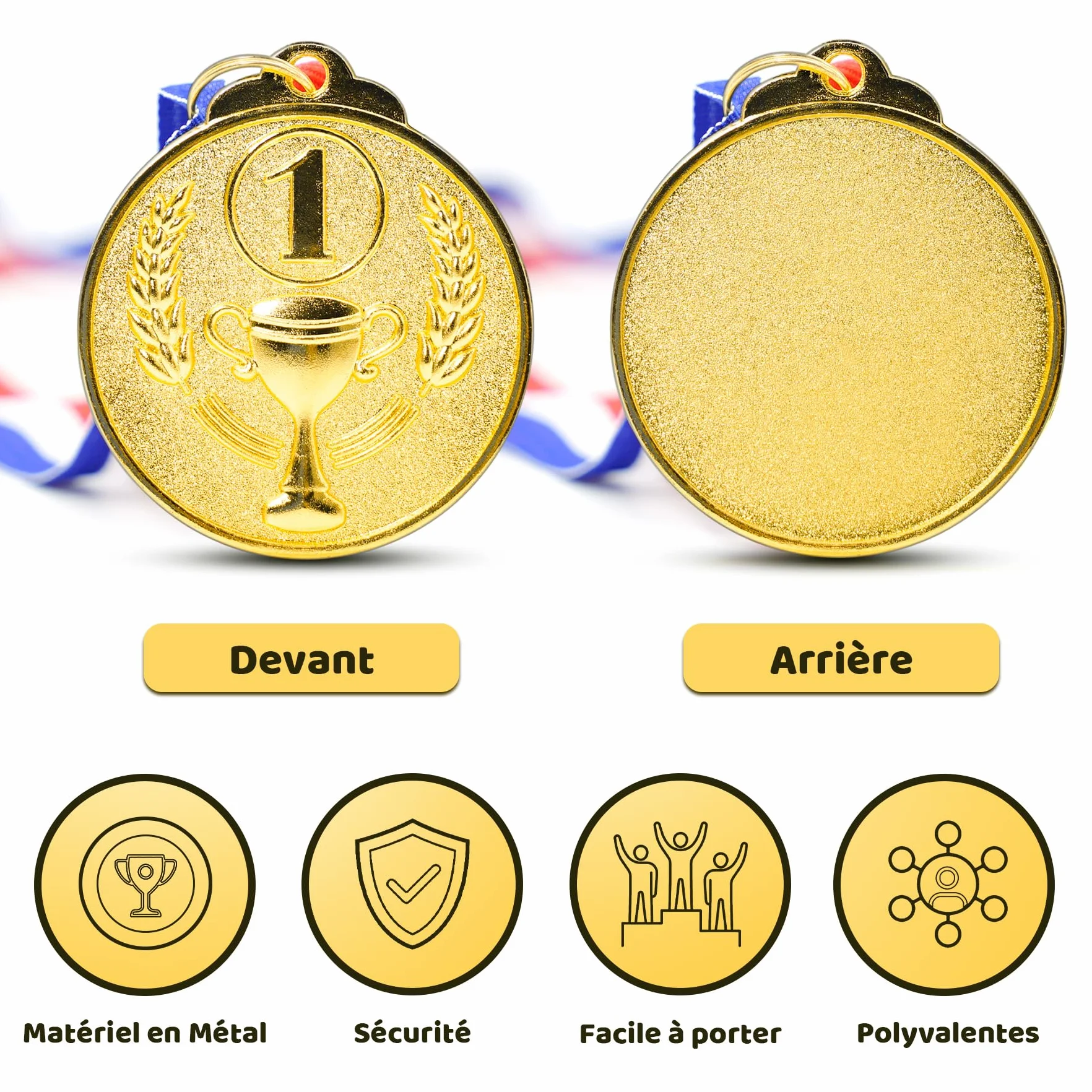Brelet Médailles de Récompense en Métal doré avec Ruban 36 Pcs pour Compétition Sportive