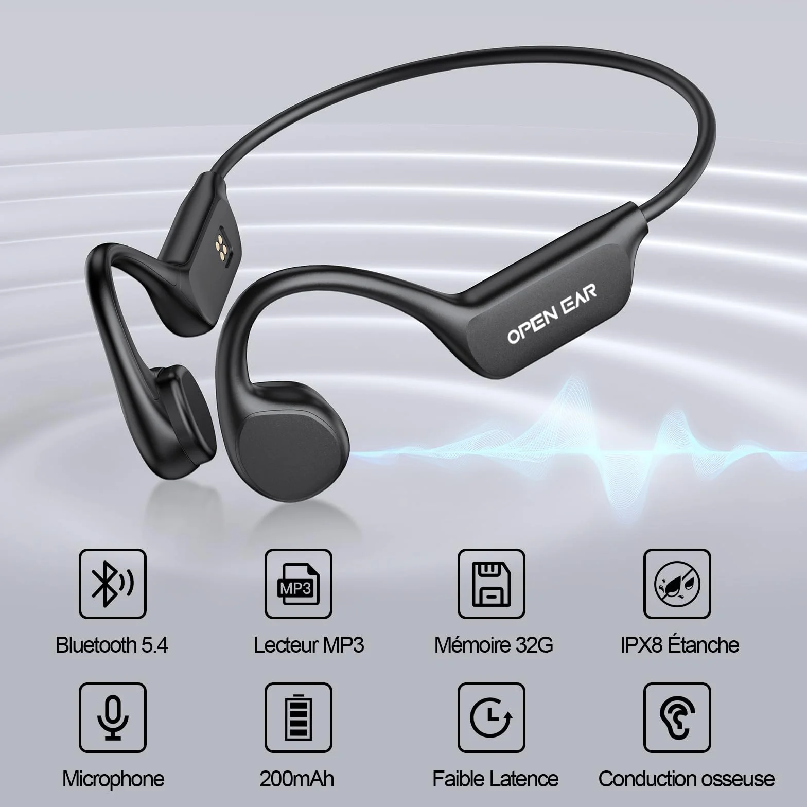 Casque Conduction Osseuse Bluetooth 5.4, Mémoire 32 Go Intégrée, Lecteur MP3 Étanche IPX8, 10 Heures de Jeu, Écouteur Natation sans Fil