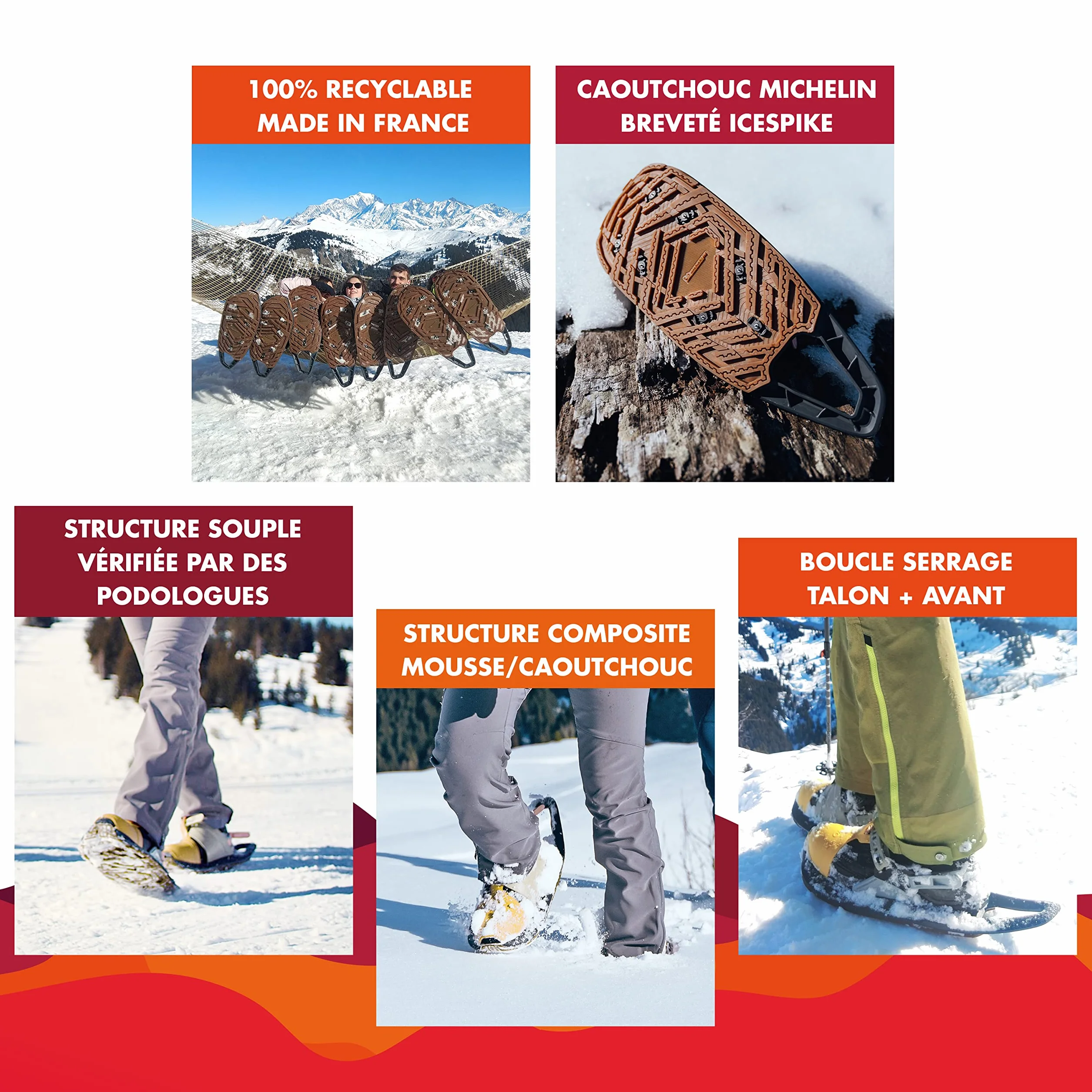 EVVO TOREE Raquette à Neige Made in France Semelles Biosourced90 Cloutées Michelin Fixations Réglables Homme Femme Sac Transport Inclus