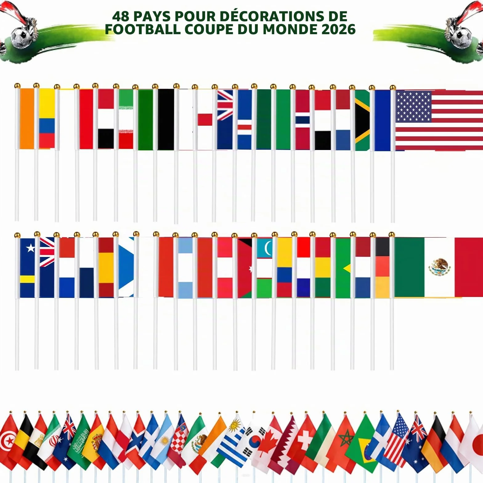 AhfuLife 48 Drapeaux de Coupe du Monde de Football 14x21cm avec Mât 30cm pour Décoration Compétition