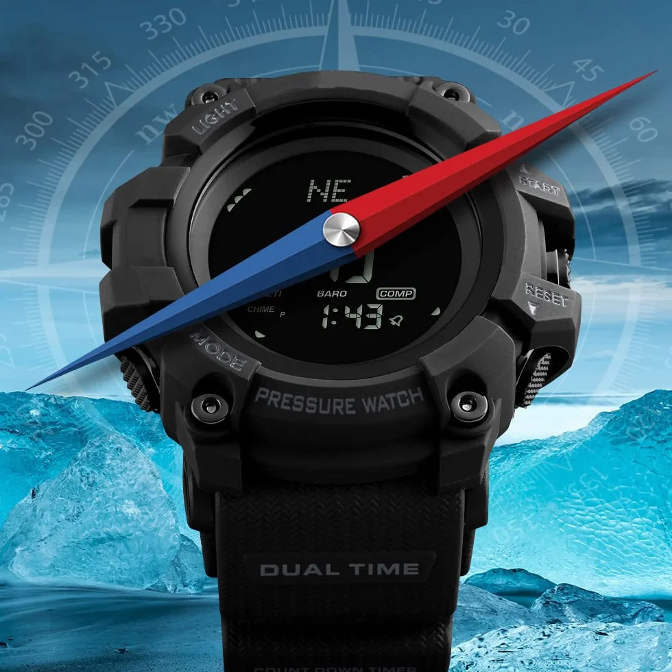 Montre Homme Outdoor Sport Digital Multifonctionnelle Plastique Caoutchouc Bracelet Noir Podomètre Altimètre Baromètre Thermomètre