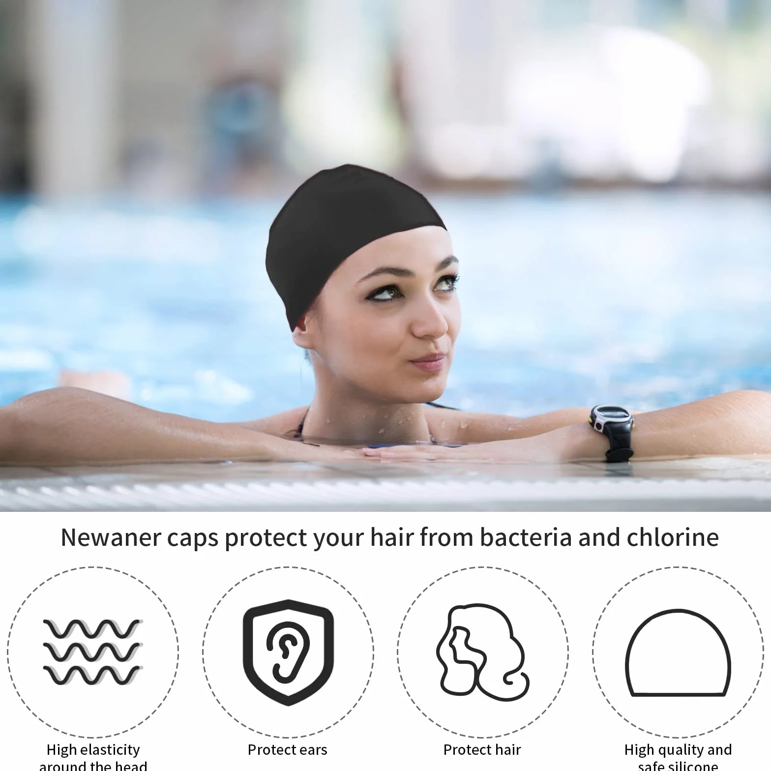 Newaner Bonnet de Bain en Silicone pour Cheveux Longs, Protection Auditive, Revêtement Ripstop, Noir