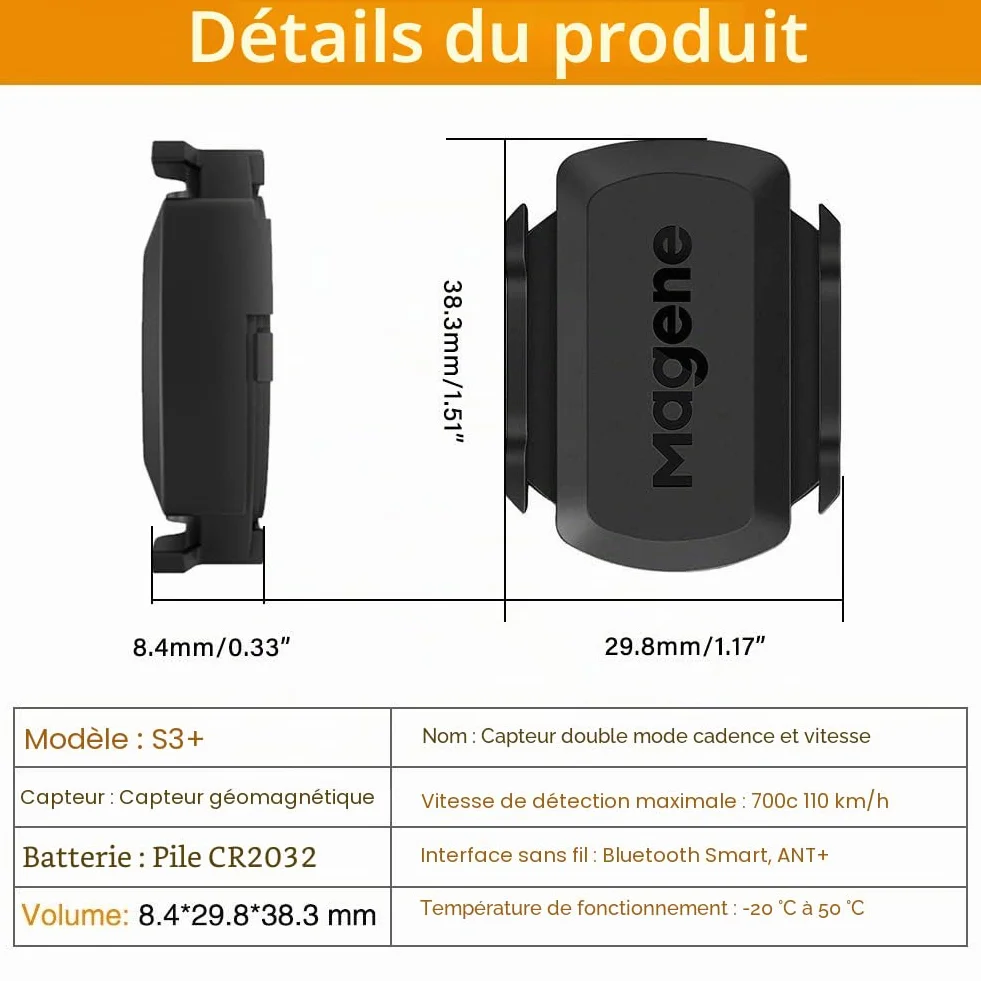 Magene S3+ Capteur de Vitesse et de Cadence de Vélo, ANT+ et Bluetooth 4.0 Sans Fil