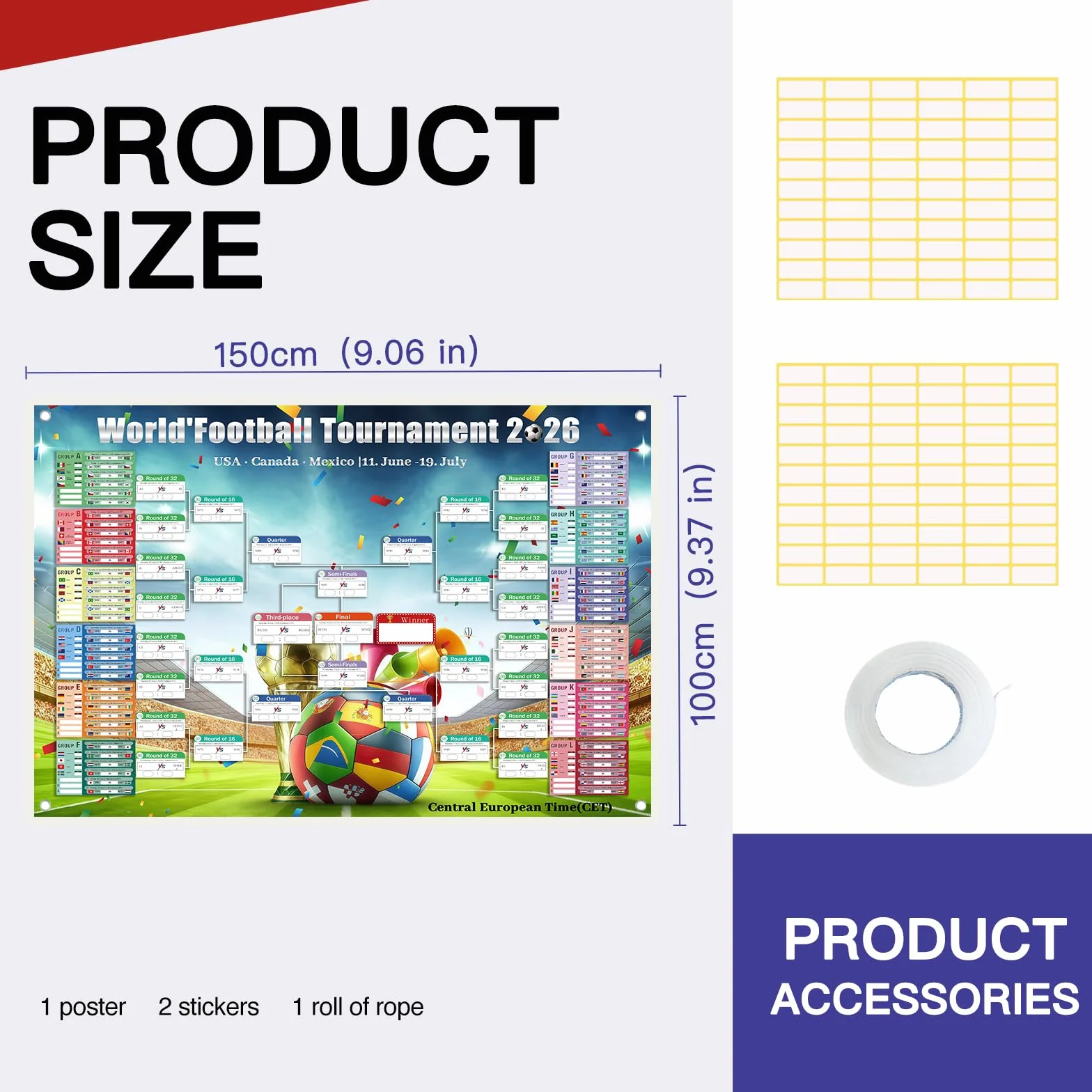 Calendrier Coupe Monde Football 2026 100cm x 150cm 104 Matchs