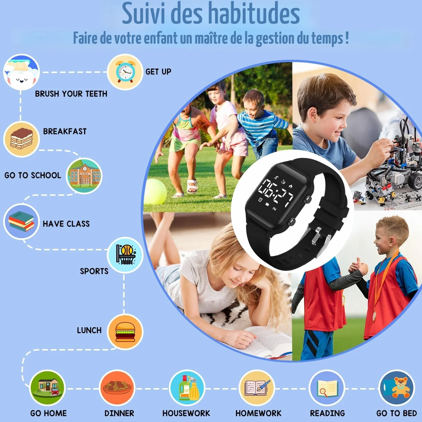Caprock Montre Numérique LED Podomètre Enfants étanche 50 ATM Digitale avec Distance Vibration Double réveil Chronomètre