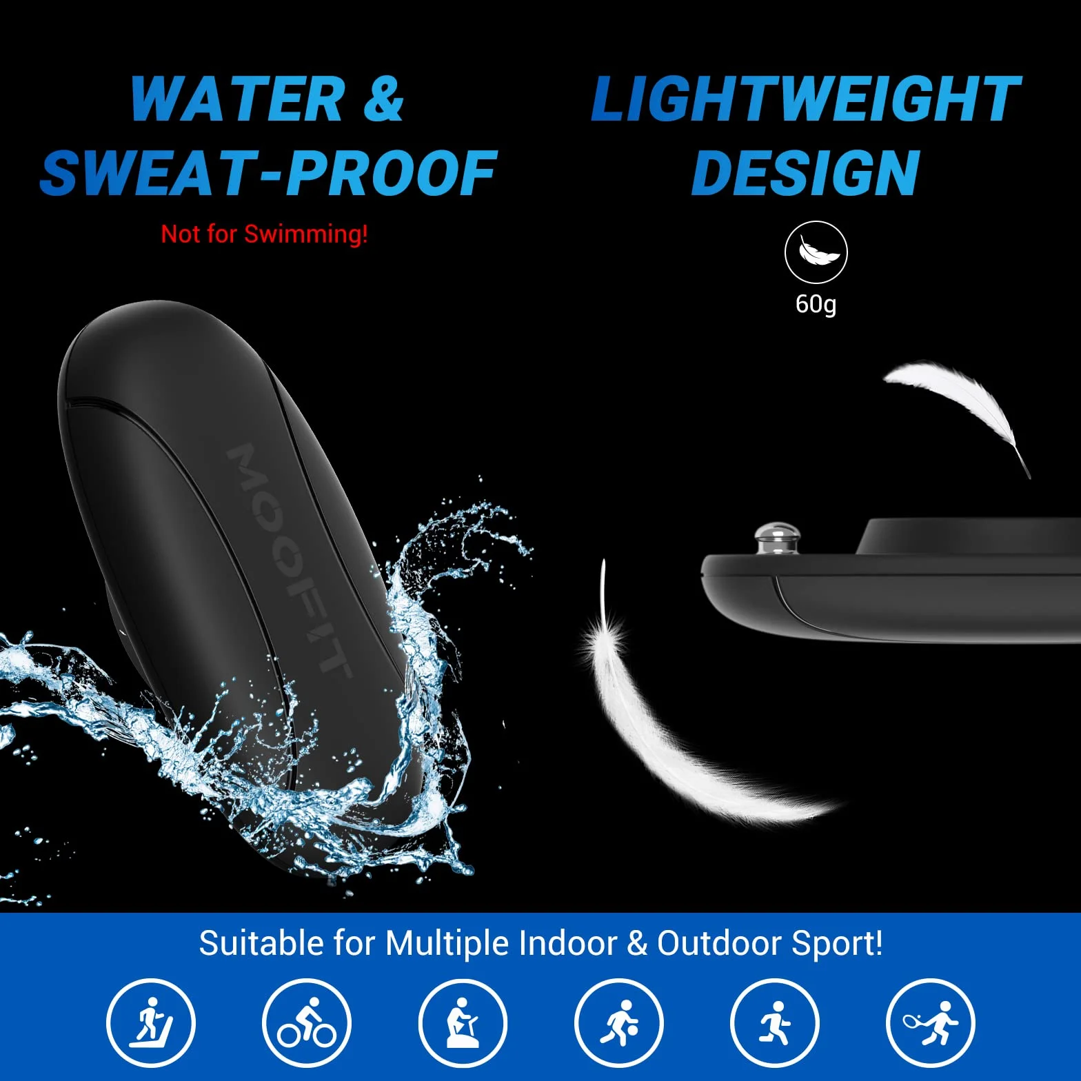 Moofit HR8 Moniteur de fréquence cardiaque Bluetooth 5.0 Ant+ IP67 étanche Noir