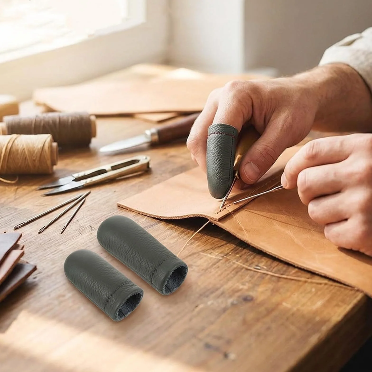 Protège-Doigts en Cuir de Vachette 6 Paires Protection des Doigts et du Pouce pour Couture Feutrage