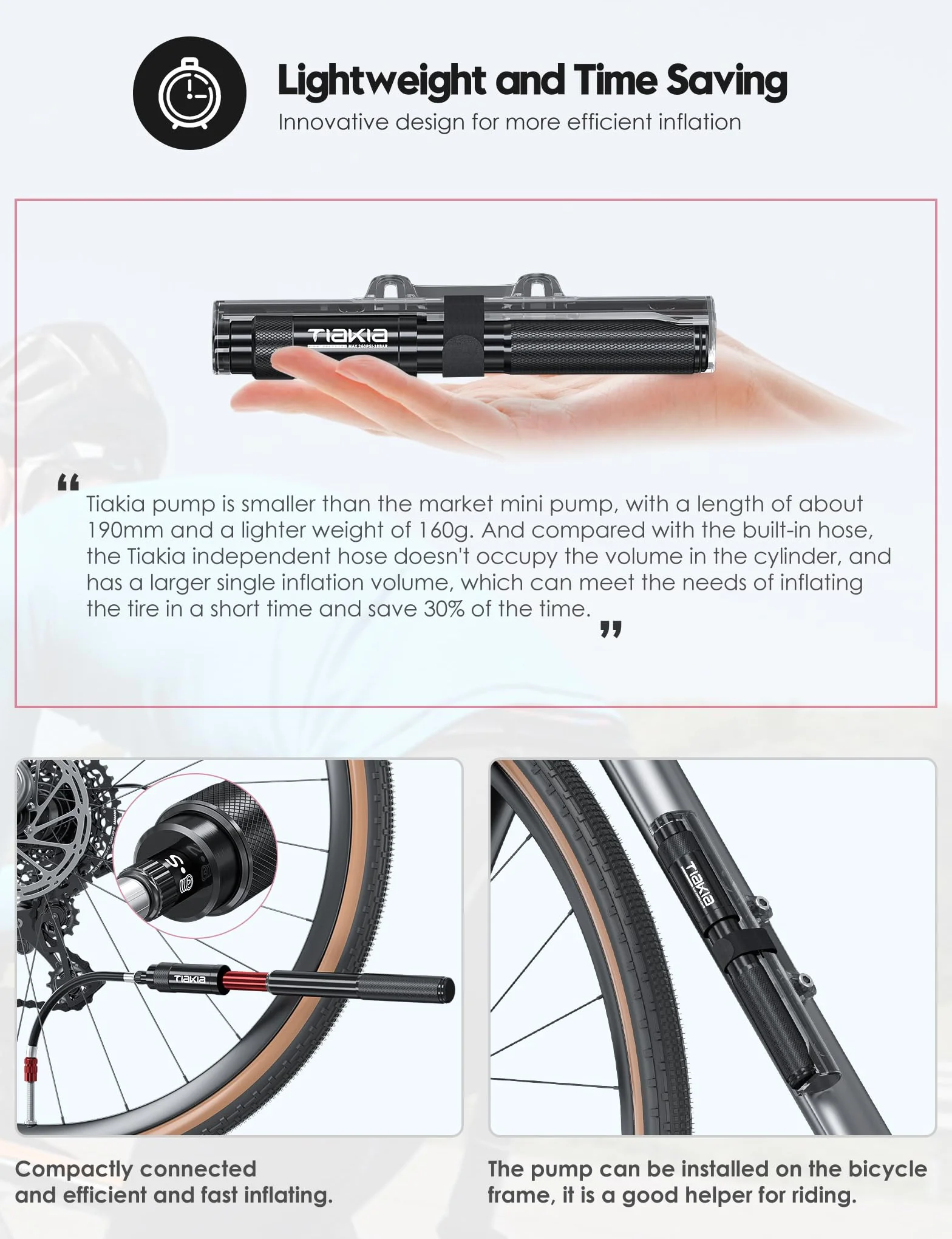 Tiakia Pompe à Vélo Haute Pression 260PSI Compacte Légère avec Support Valve Presta Schrader Dunlop