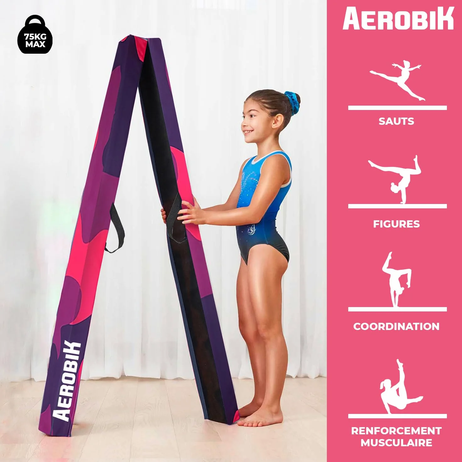 Poutre de Gymnastique Pliable 240 cm Violette Antidérapante Lavable Enfants Adultes Original Corner