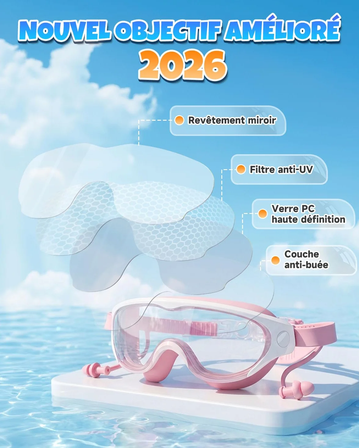 Zoomsnail Lunettes de Piscine Enfant 2 Pack, Anti-Buée, Silicone, Étanche