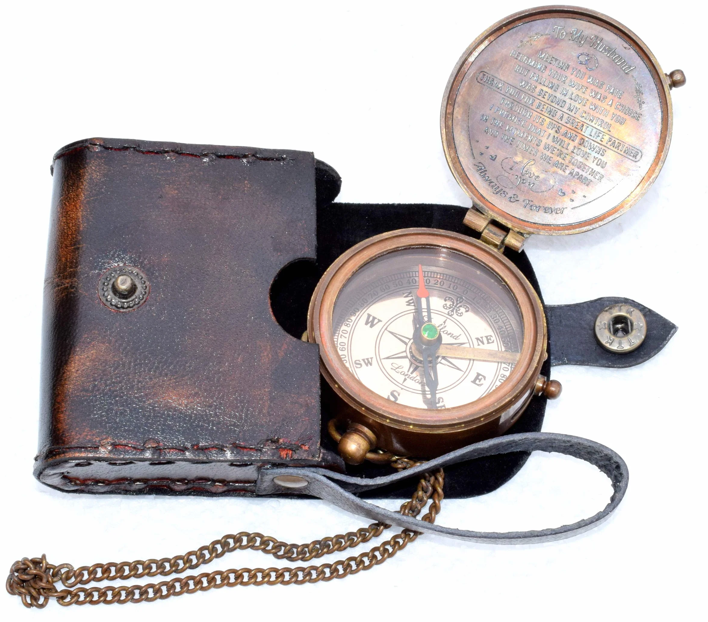 Boussole magnétique directionnelle vintage antique avec citation célèbre des Écritures gravées Cadeau de baptême étui en cuir ou bois