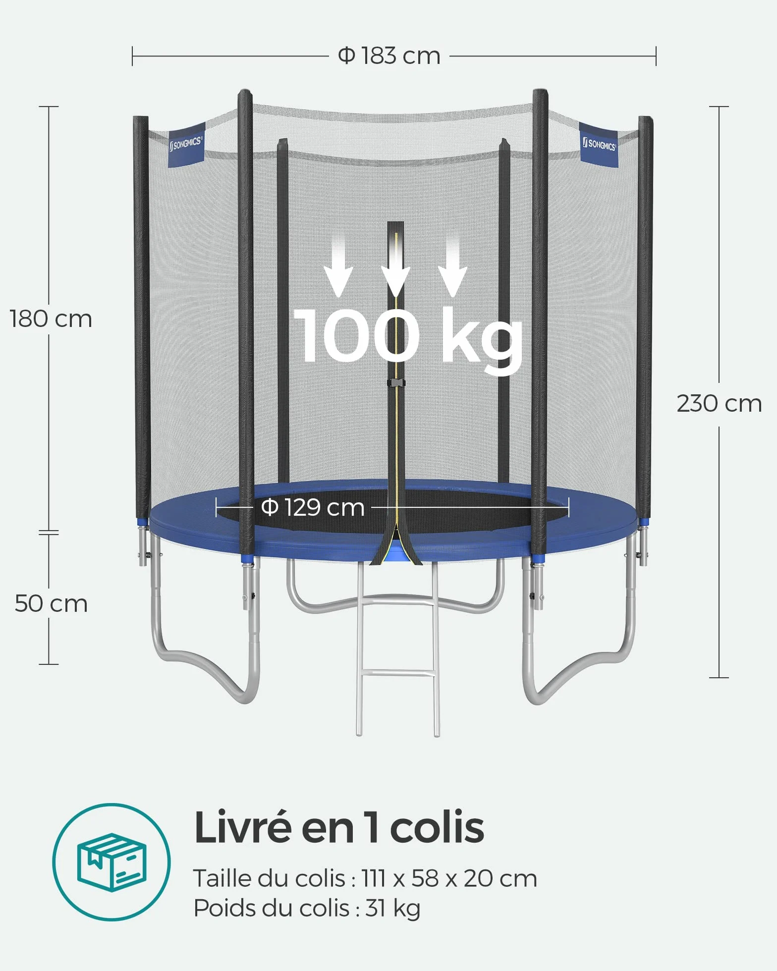 SONGMICS Trampoline Extérieur Enfant Diamètre 183-427 cm, Filet Protection, Coussins Sécurité, Échelle, Cadre Acier