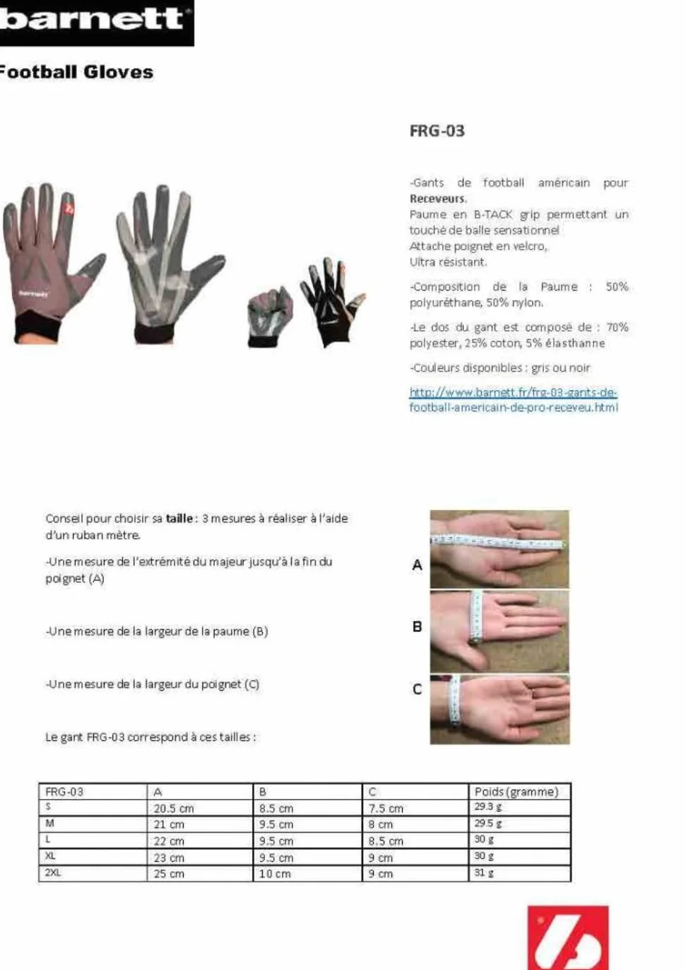 Barnett FRG-03 Gants de Football américain Pro Receveur Noir