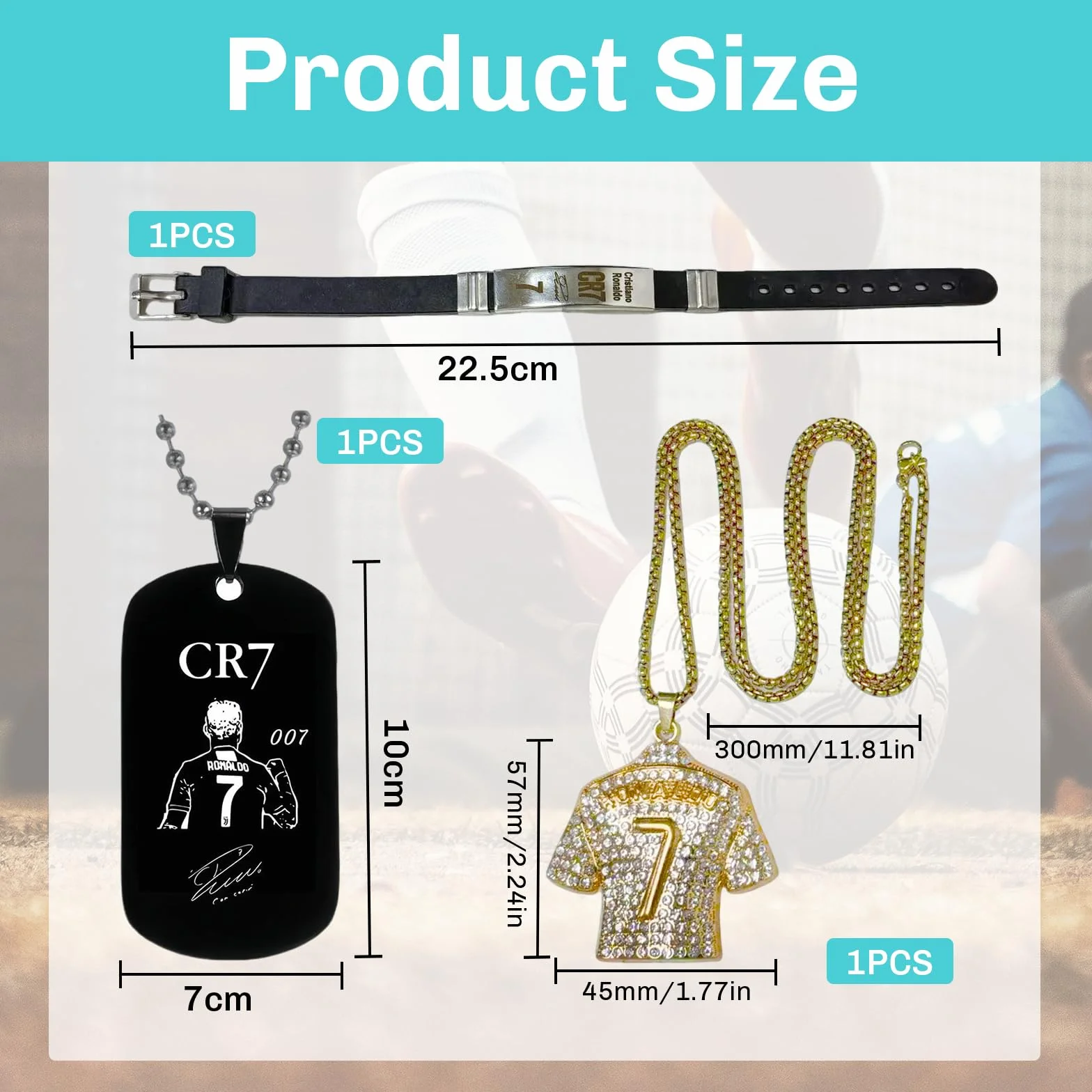 Bracelet CR7 Noir Pendentif Doré 3D Lot de 3 Accessoires Football Réglable