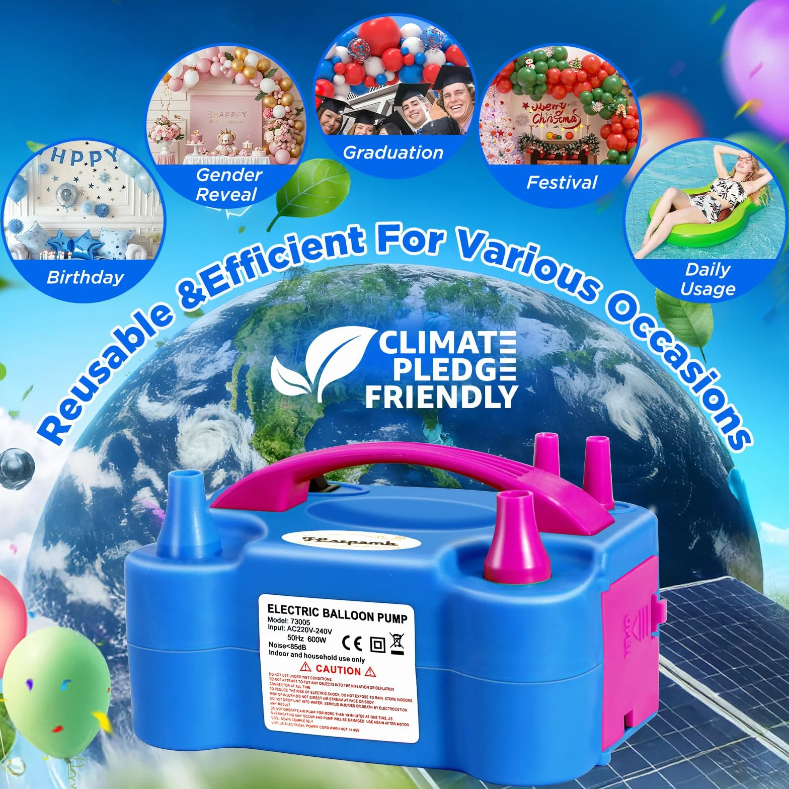 Pompe à Ballons électrique 600W, Gonfleur Ballon Portable avec Plusieurs Buses, 2 Modes