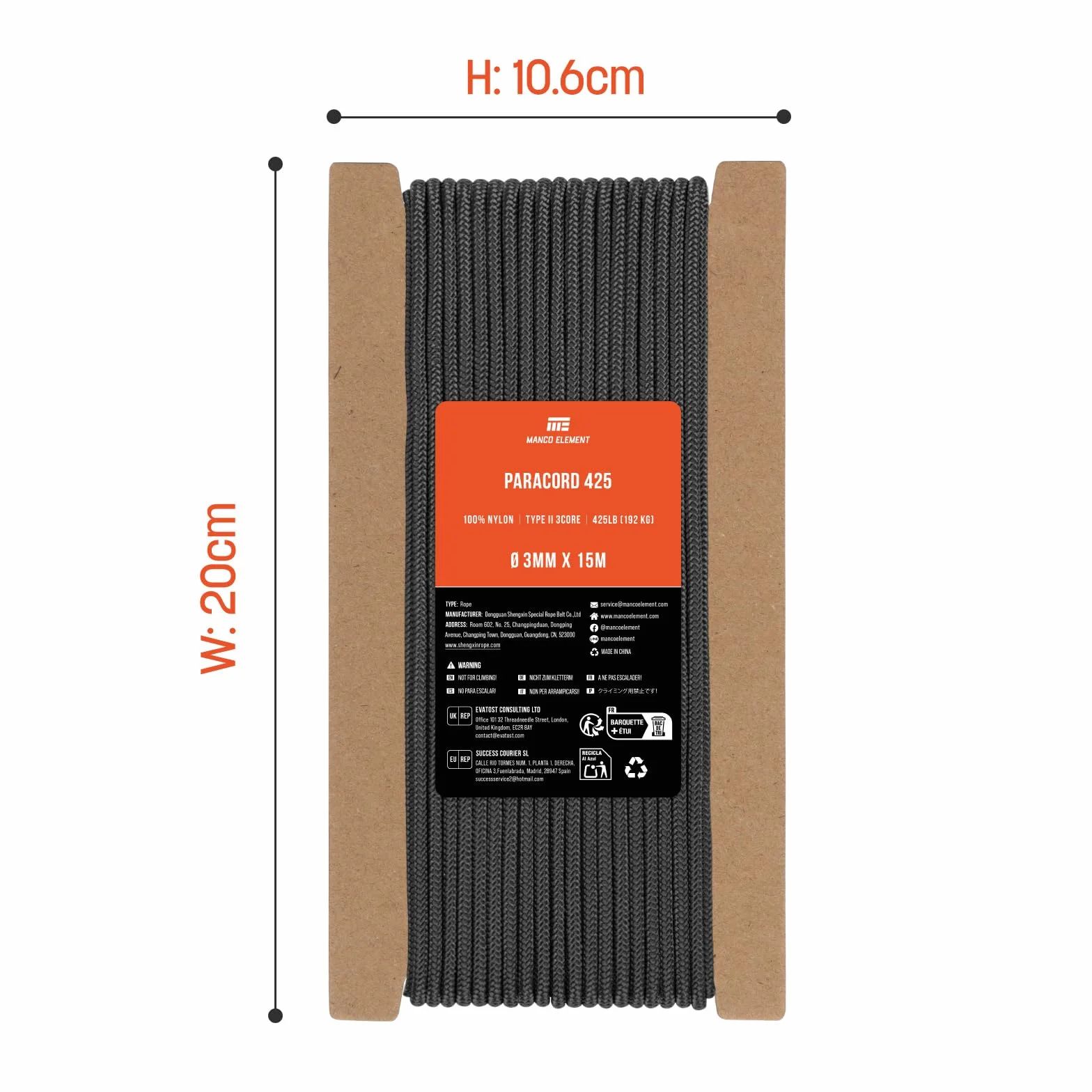 Paracorde 425 Type II 15m Noir 3mm 100% Nylon Corde 3 Brins Survie Camping