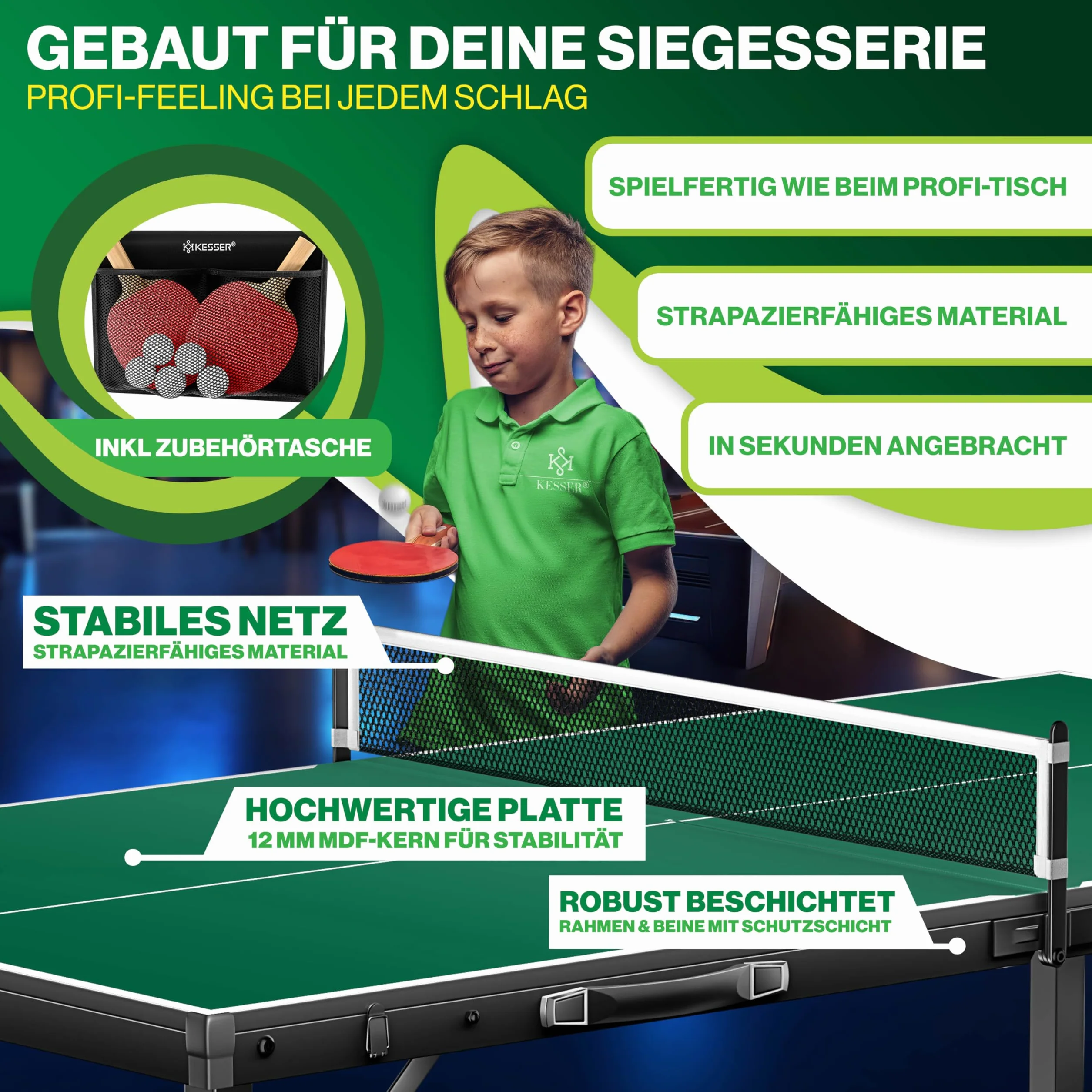 KESSER Mini table de ping-pong d'extérieur intérieur avec raquettes balles filet TT résistant aux intempéries laminé pliable