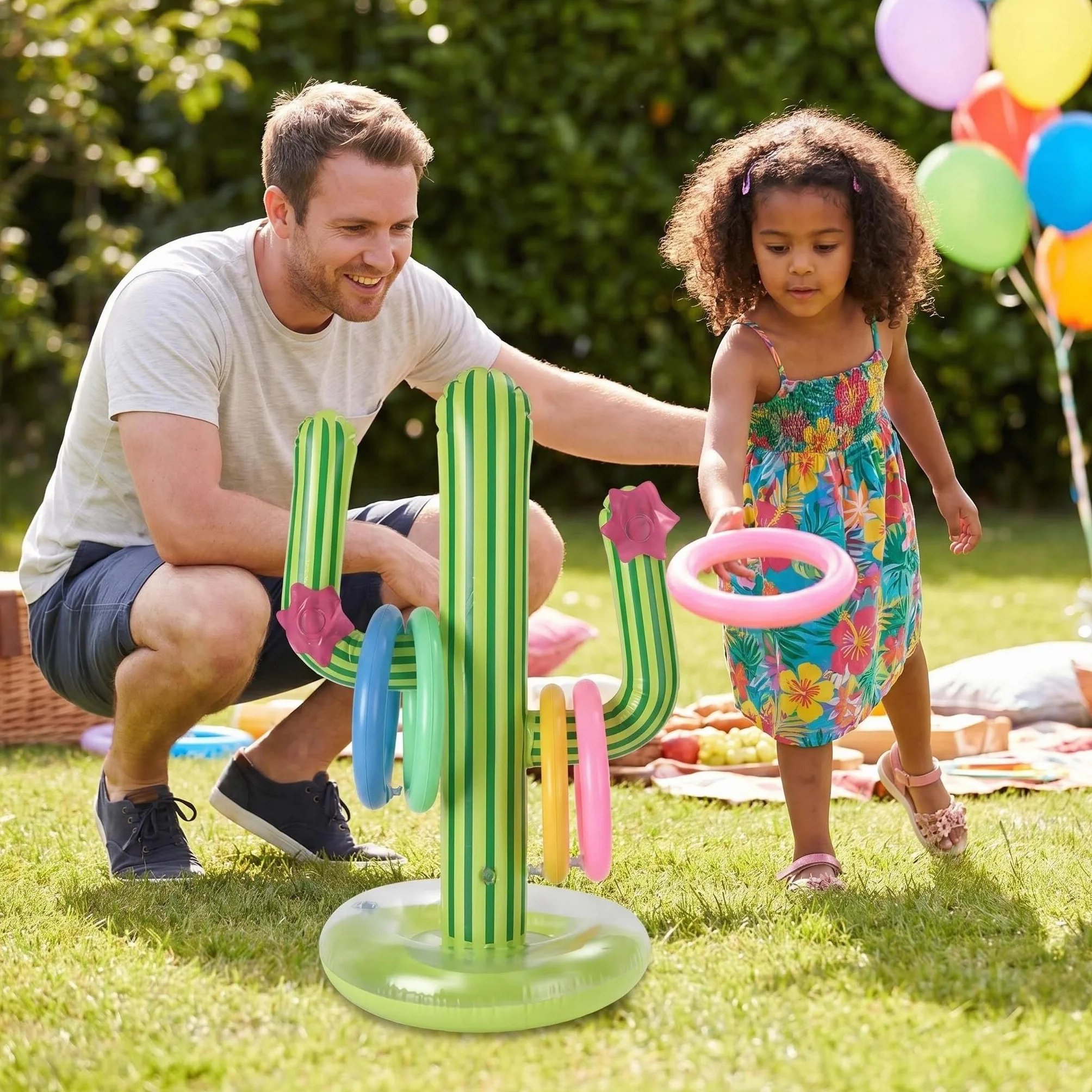 Cactus Gonflable Jeu de Lancer d'Anneau 7PCS Bouée Piscine Jouets d'Eau d'Été