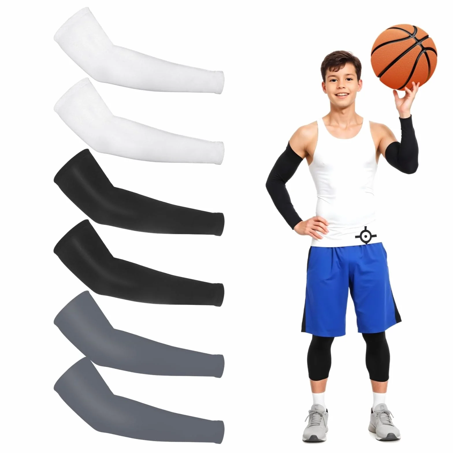 Lot de 3 paires de manchons de compression respirants UV pour enfants et jeunes - Multicolore, taille unique