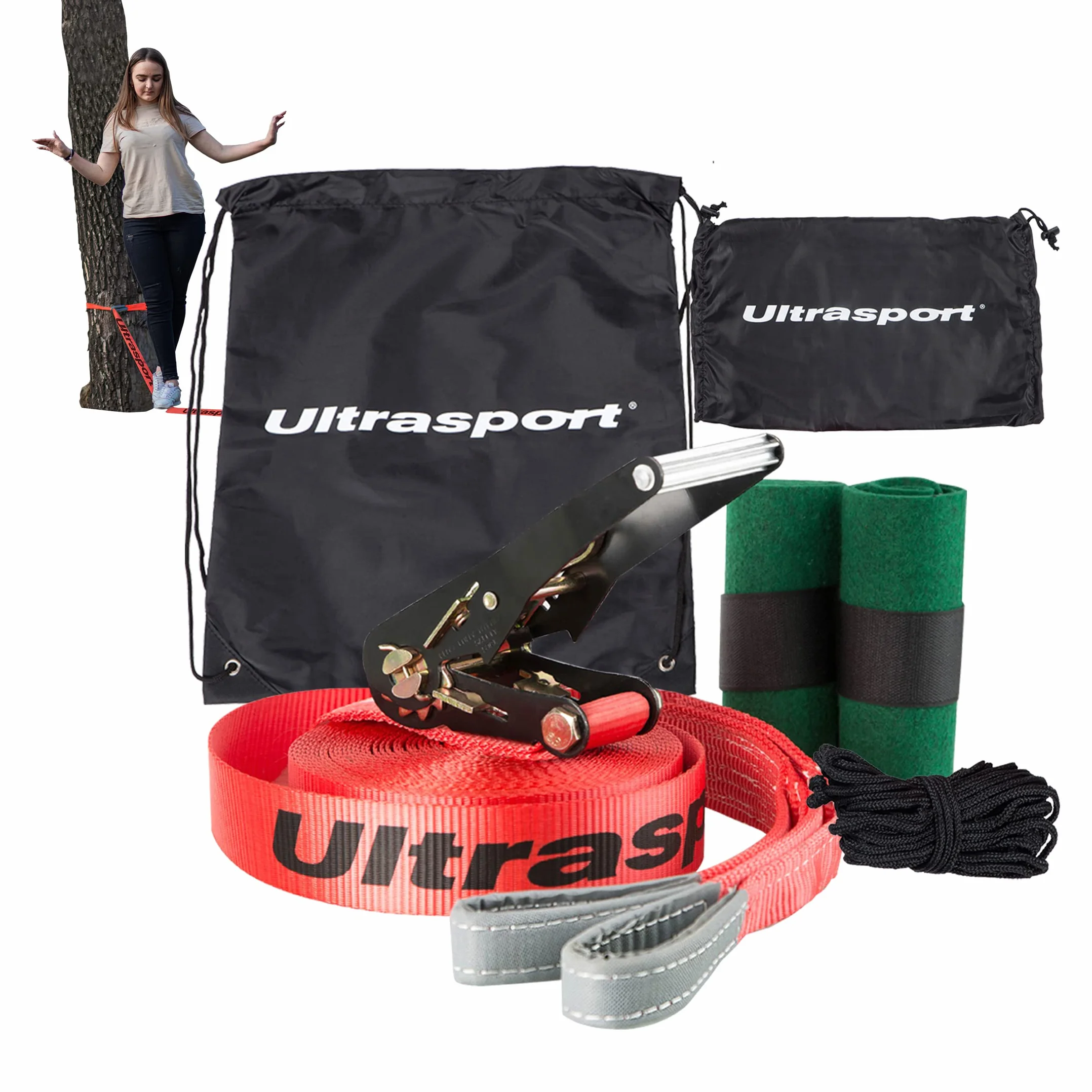 Ultrasport Slackline 15m-25m avec Cliquet et Sac Transport, Jeu Complet Certifié TÜV GS